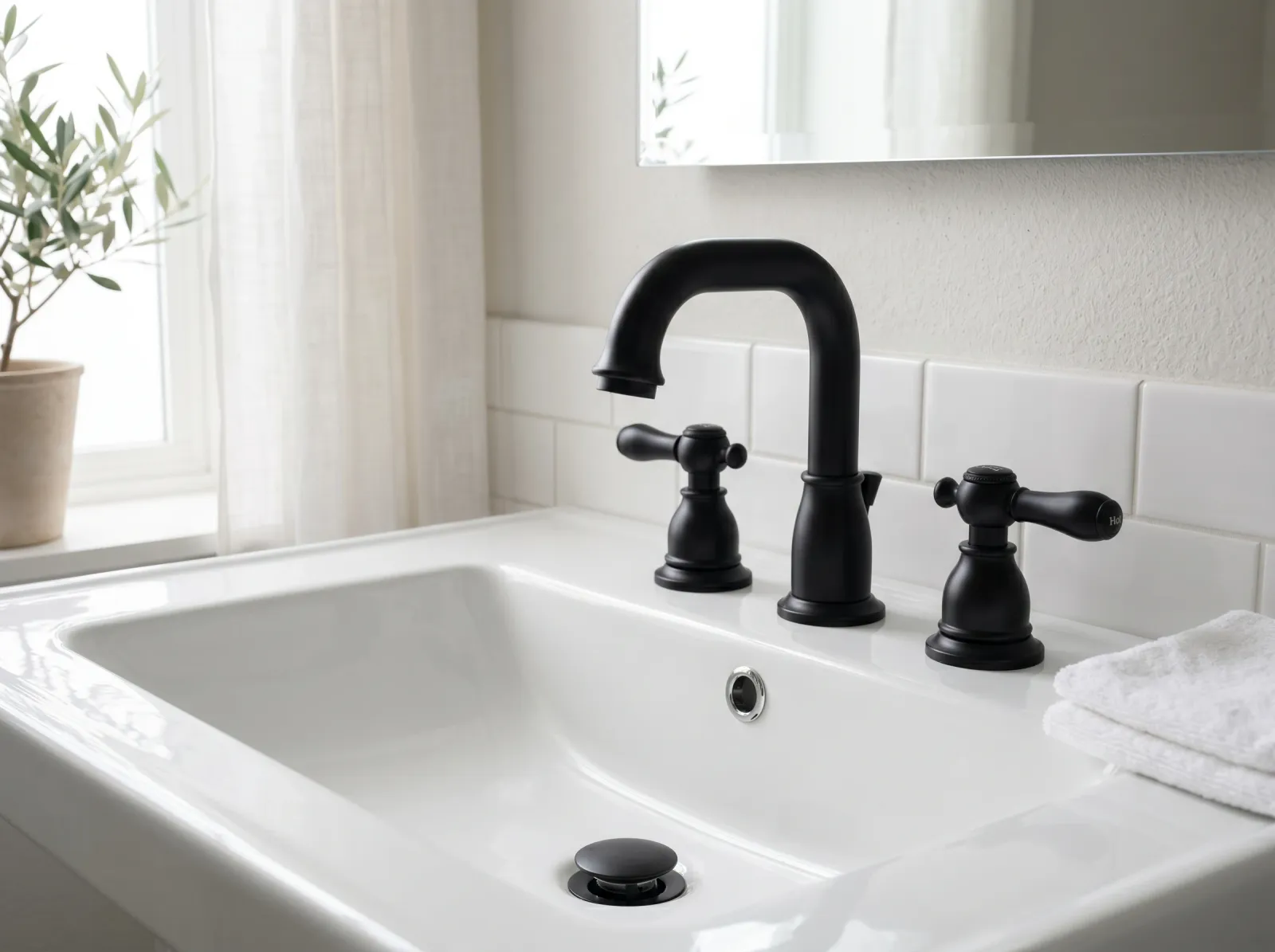 Finished matte black painted faucet reinstalled on a white bathroom sink with even color and clean edges