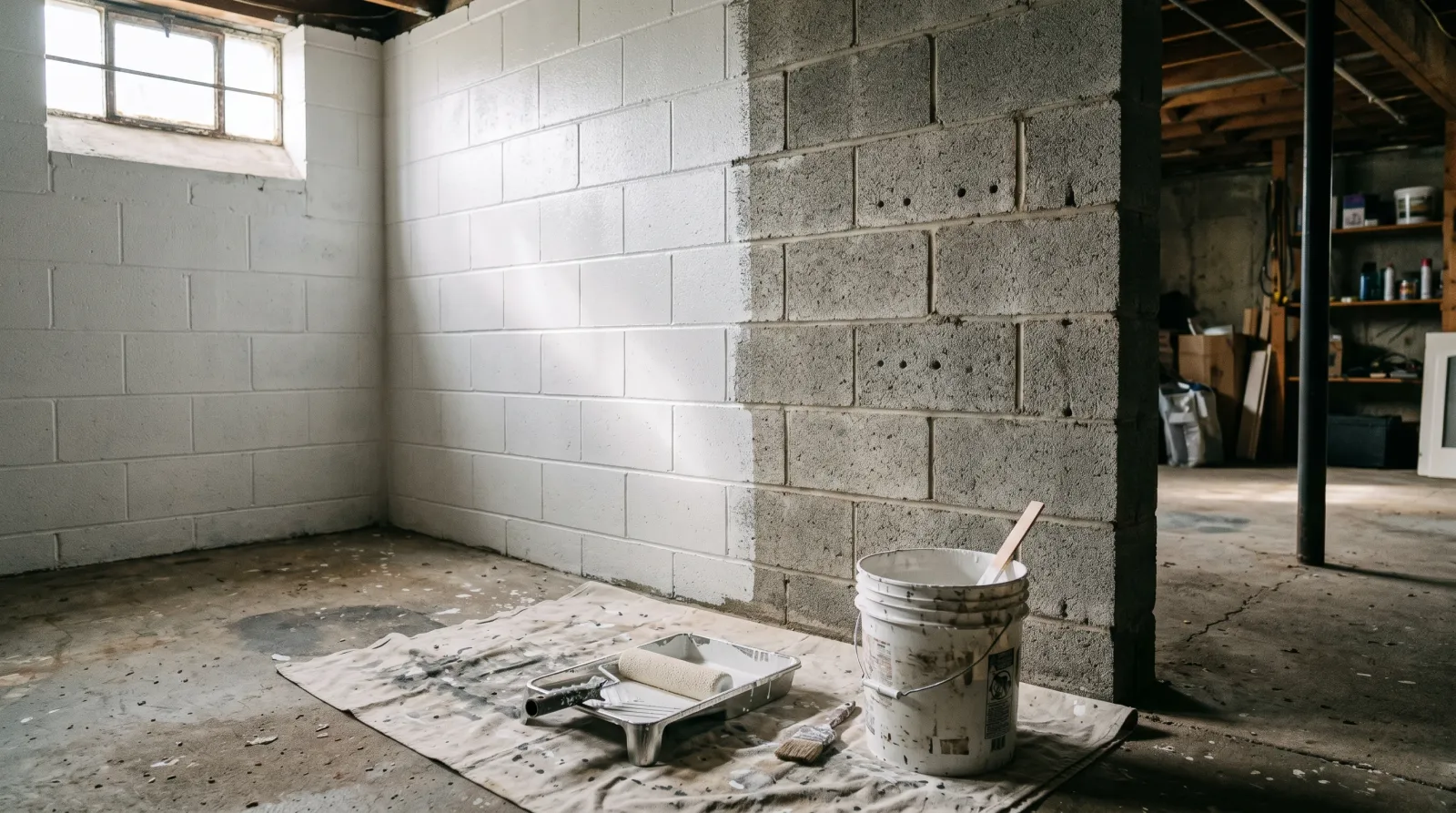 Cinder block wall mid-paint job, one section rolled white and smooth, the adjacent section still bare gray block