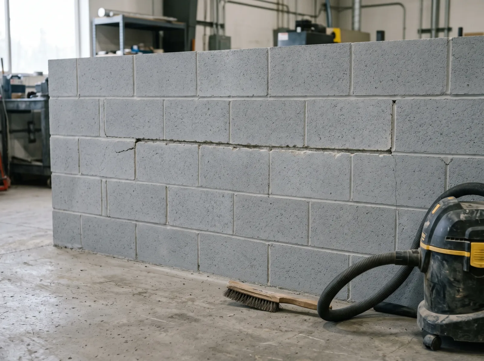 Bare cinder block wall after cleaning with a crack chased open along a mortar joint