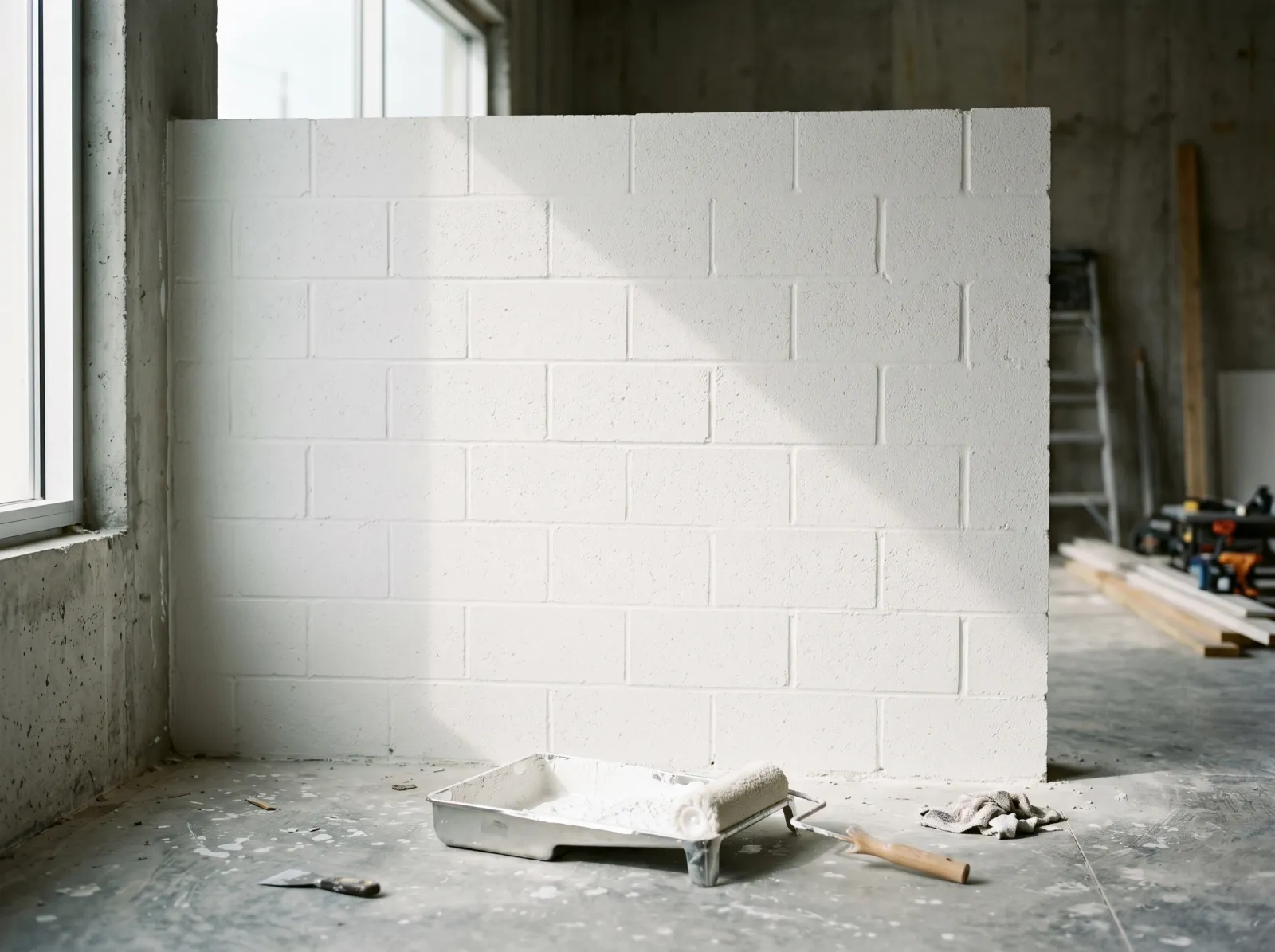 Cinder block wall coated in white block filler with pinholes closed
