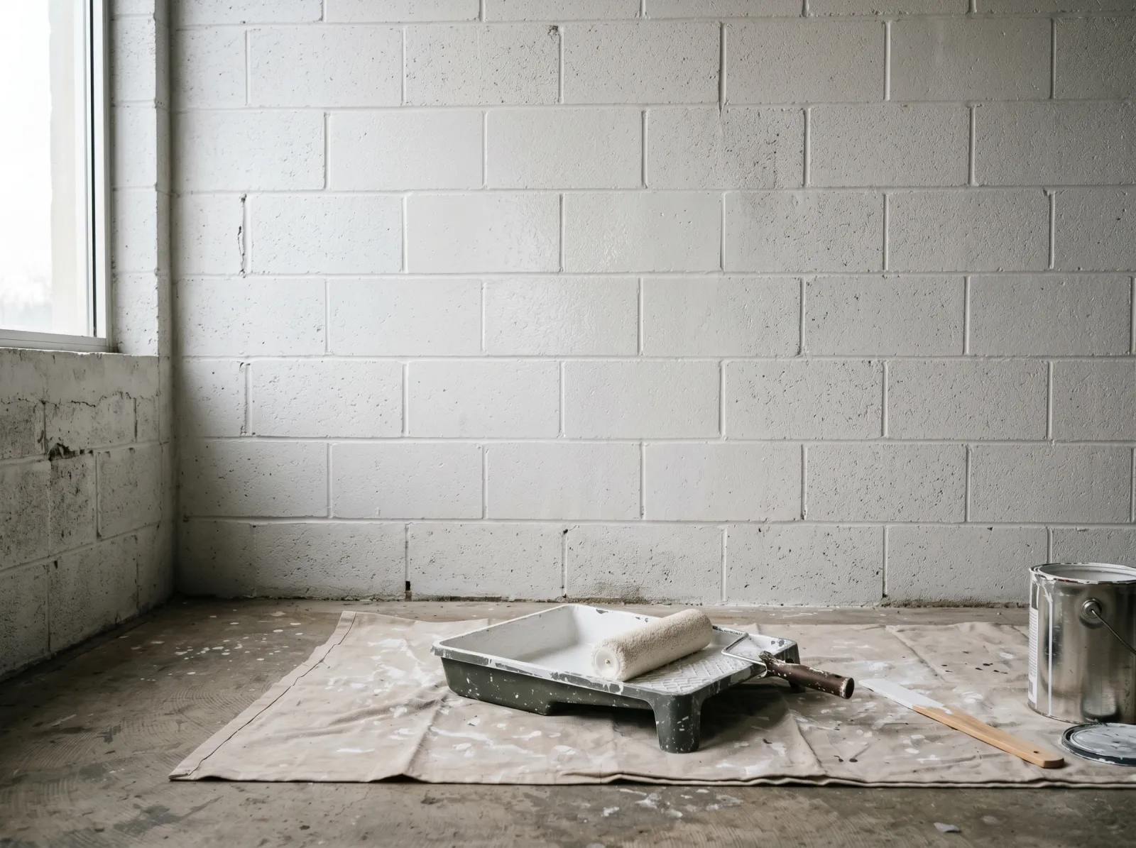 Cinder block wall with first coat of masonry paint drying