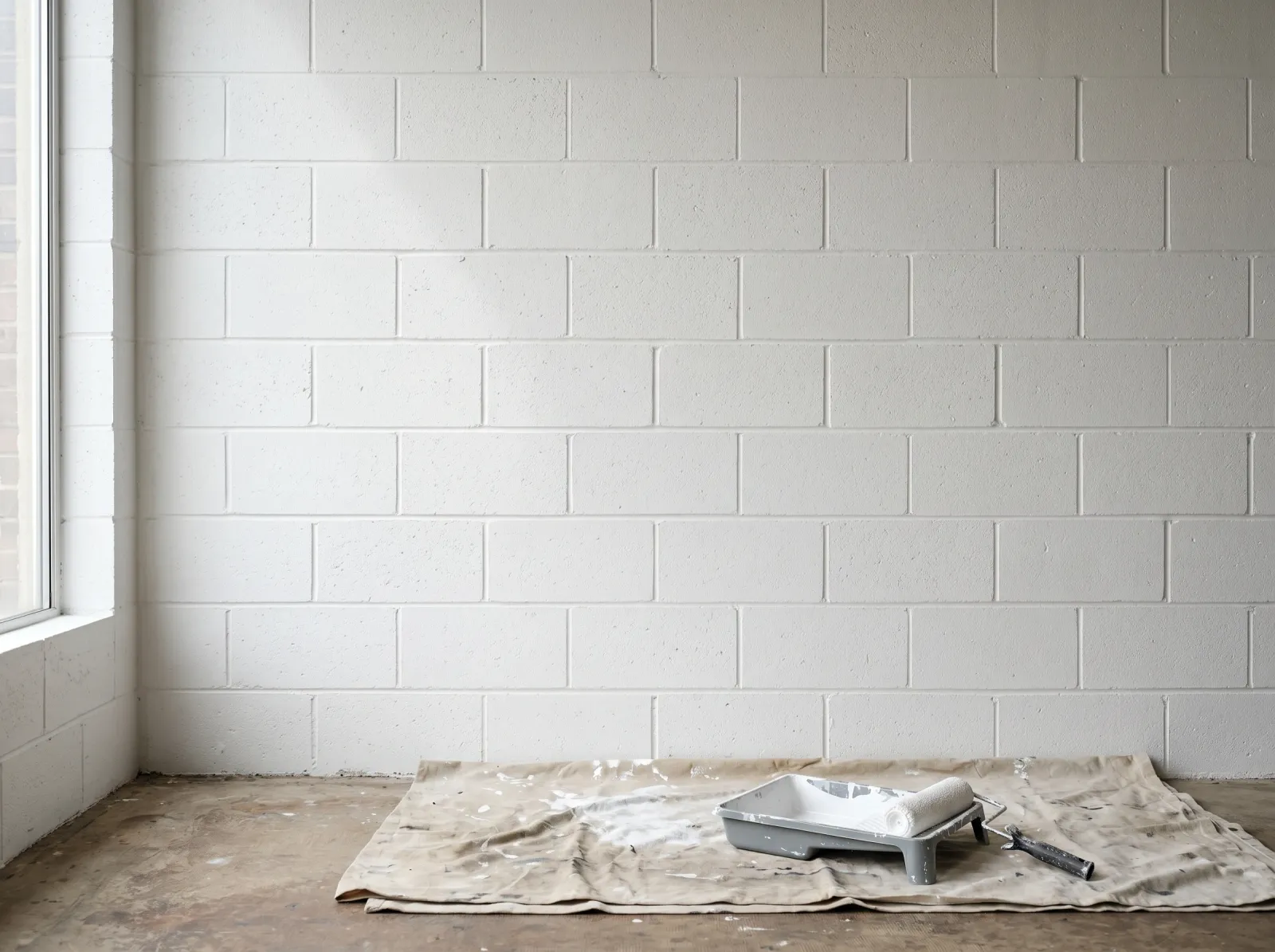 Finished cinder block wall painted clean white with the block texture still subtly visible