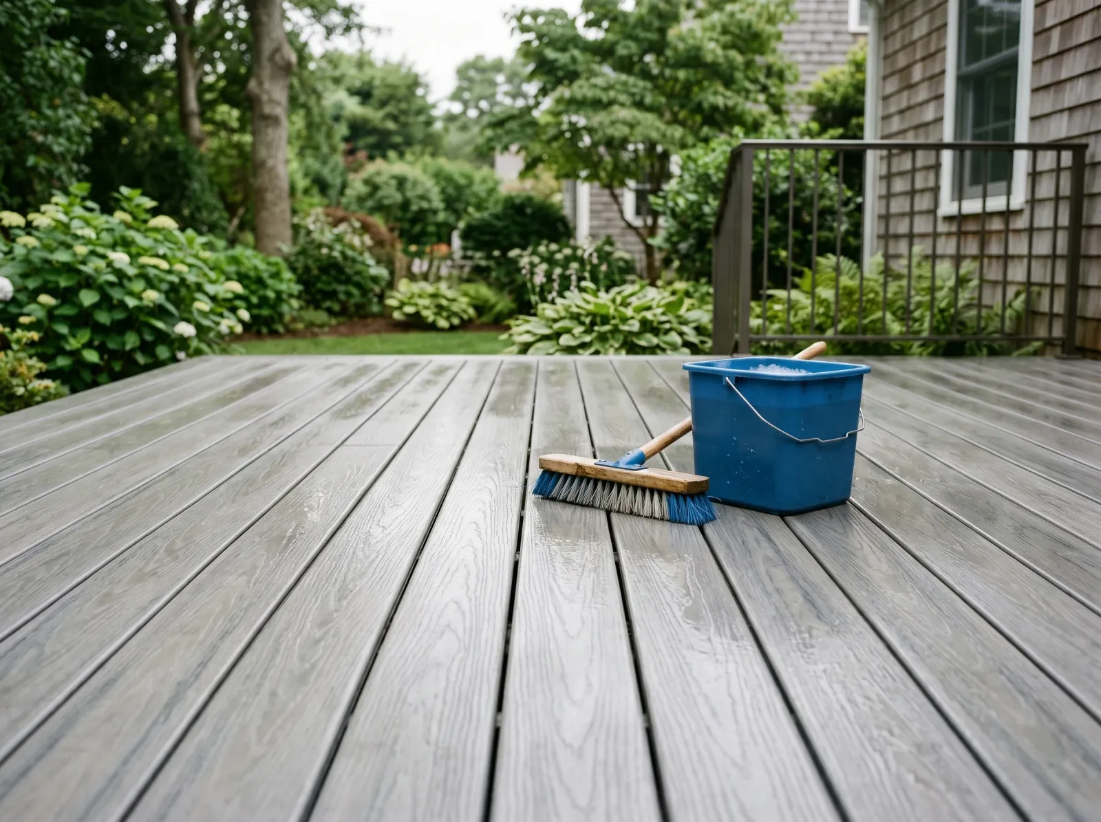Clean weathered composite deck boards after washing, brush and bucket on the surface