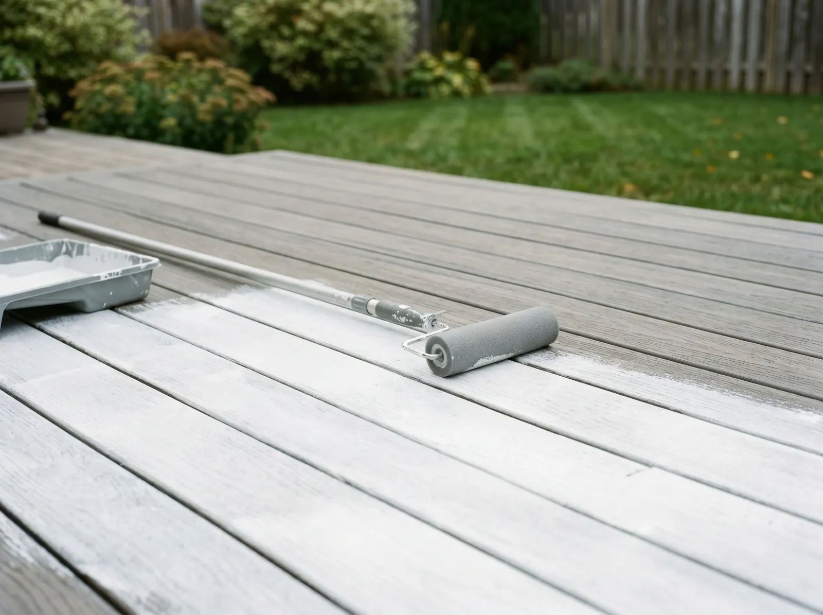 Composite deck boards coated in white bonding primer next to unprimed gray boards