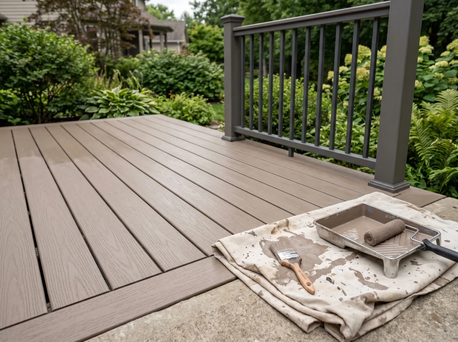 Composite deck with first taupe color coat drying, brush and tray on a drop cloth