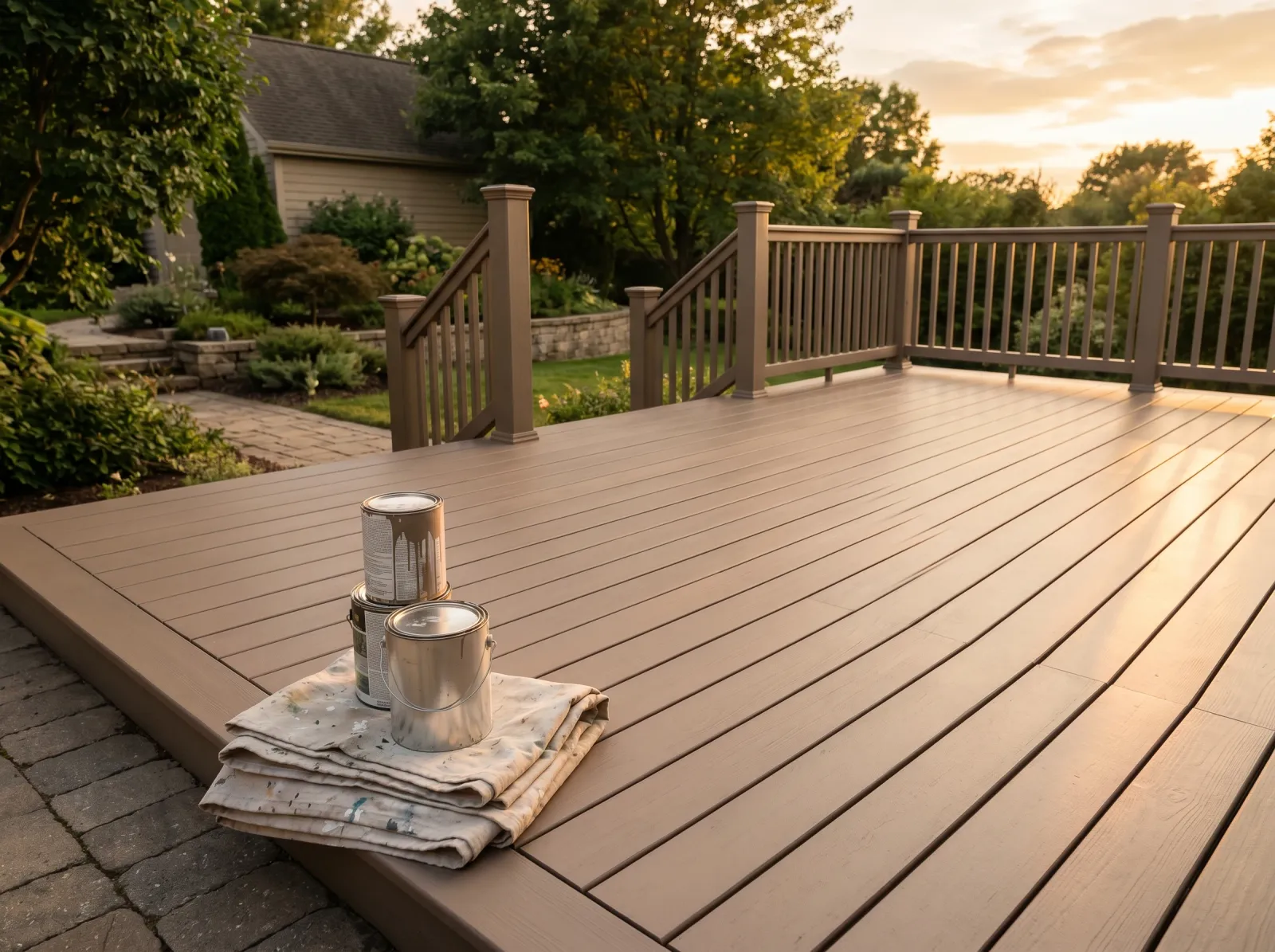 Finished painted composite deck in even taupe with crisp board lines