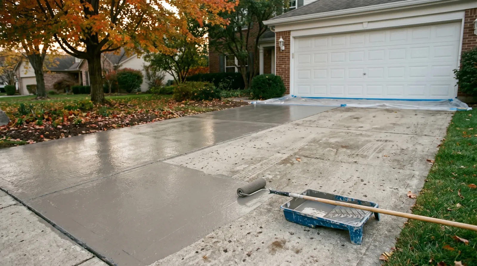 Suburban concrete driveway mid-application of warm-gray epoxy, roller and tray on the wet edge, garage door closed in the background