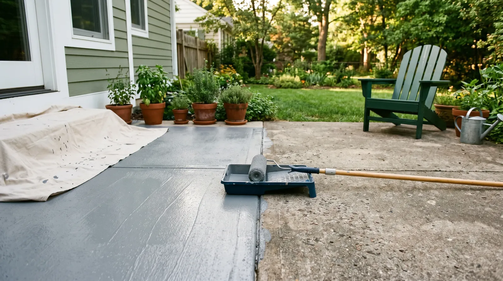 Backyard concrete patio mid-application of medium-gray coating, roller and paint tray on the slab