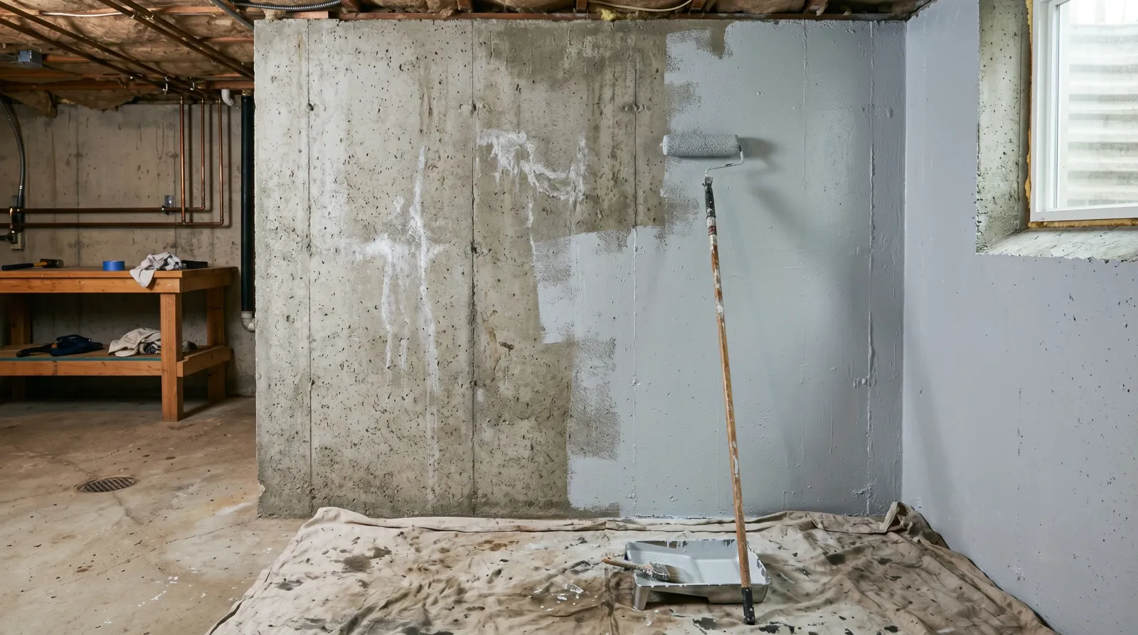 Basement concrete wall mid-application of pale gray masonry coating with paint tray and roller visible