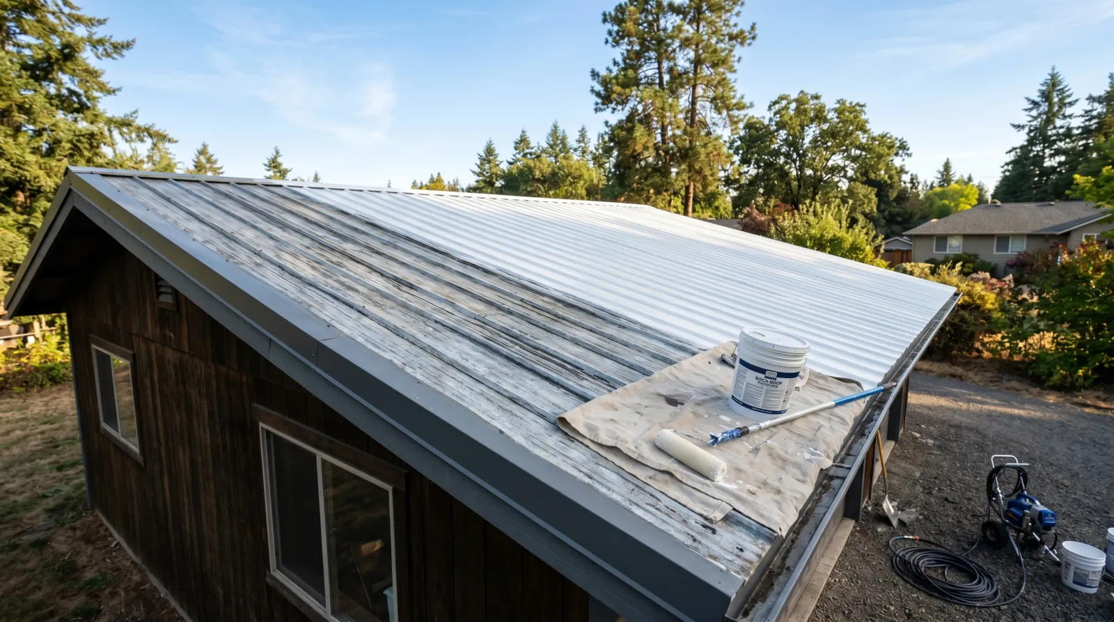 Residential corrugated metal roof half-washed and half-painted in white elastomeric with a roller and 5-gallon pail at the eave