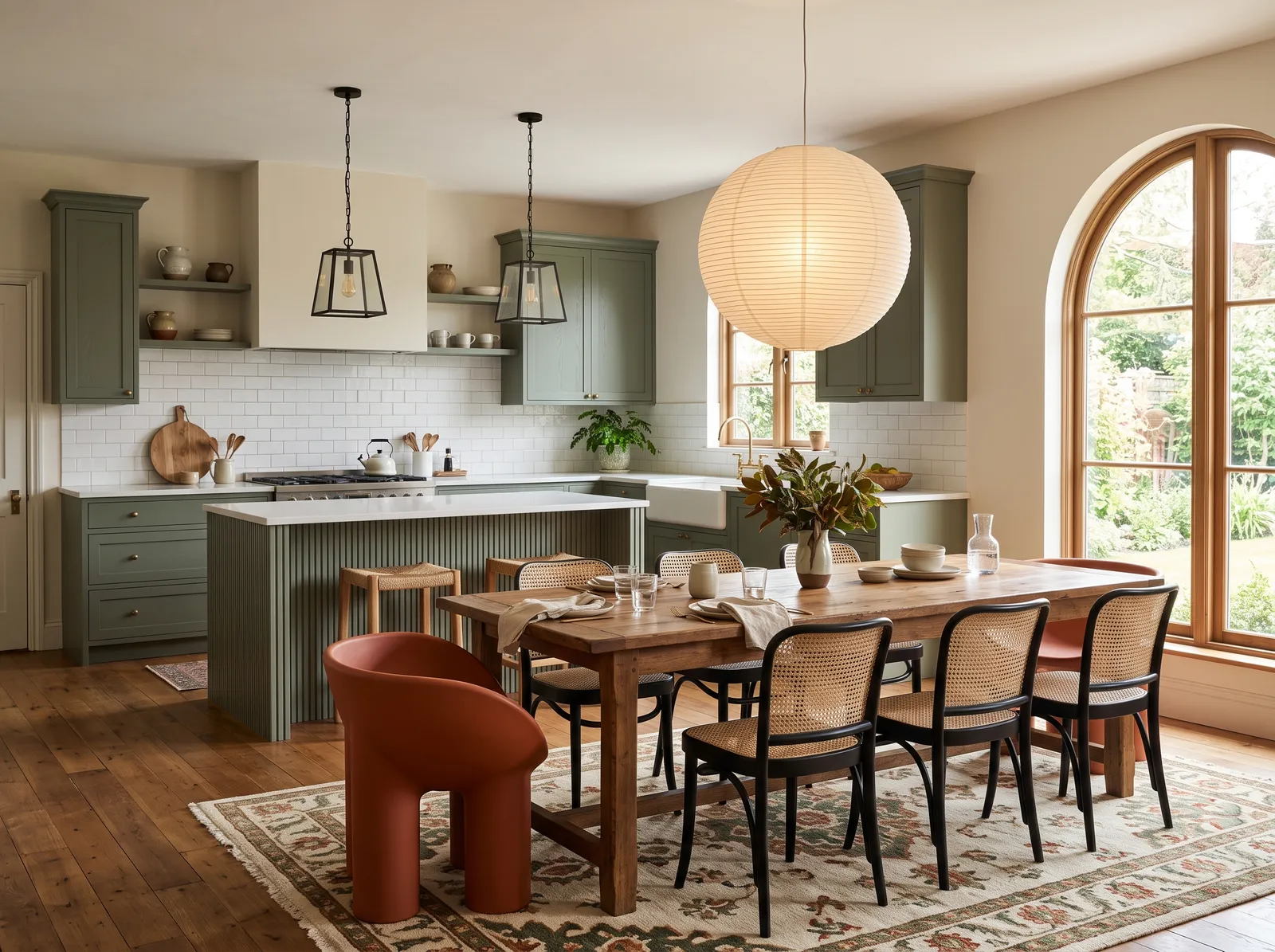 Dining Room painted in Earthling — Sage Cabinets, Cream Walls