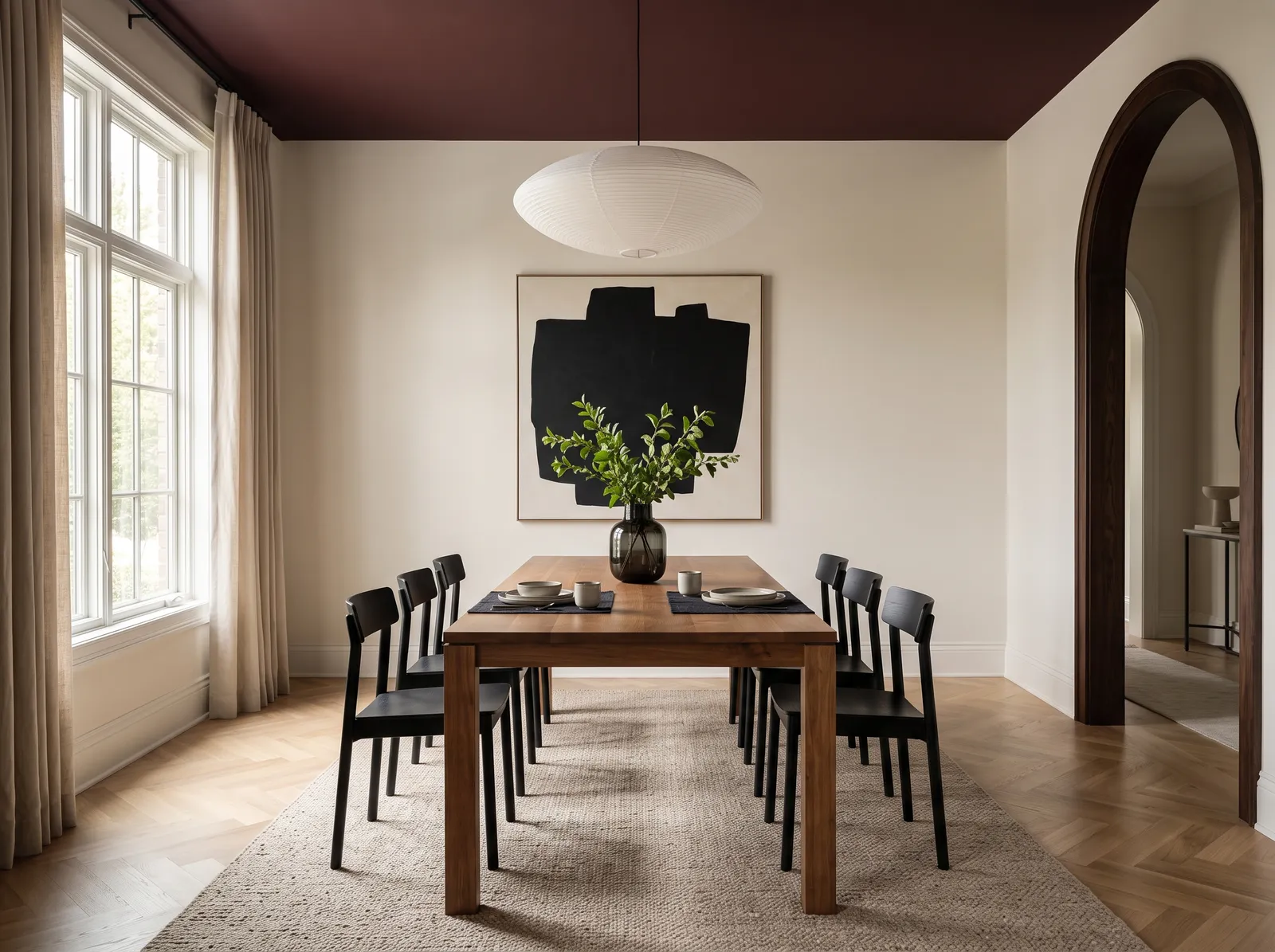 Dining Room painted in Hint of Cream — Burgundy Ceiling Drama