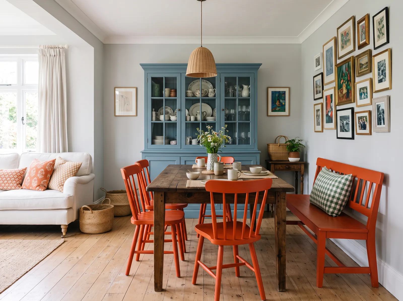 Dining Room painted in Elemental — Blue Cabinet, Orange Pop