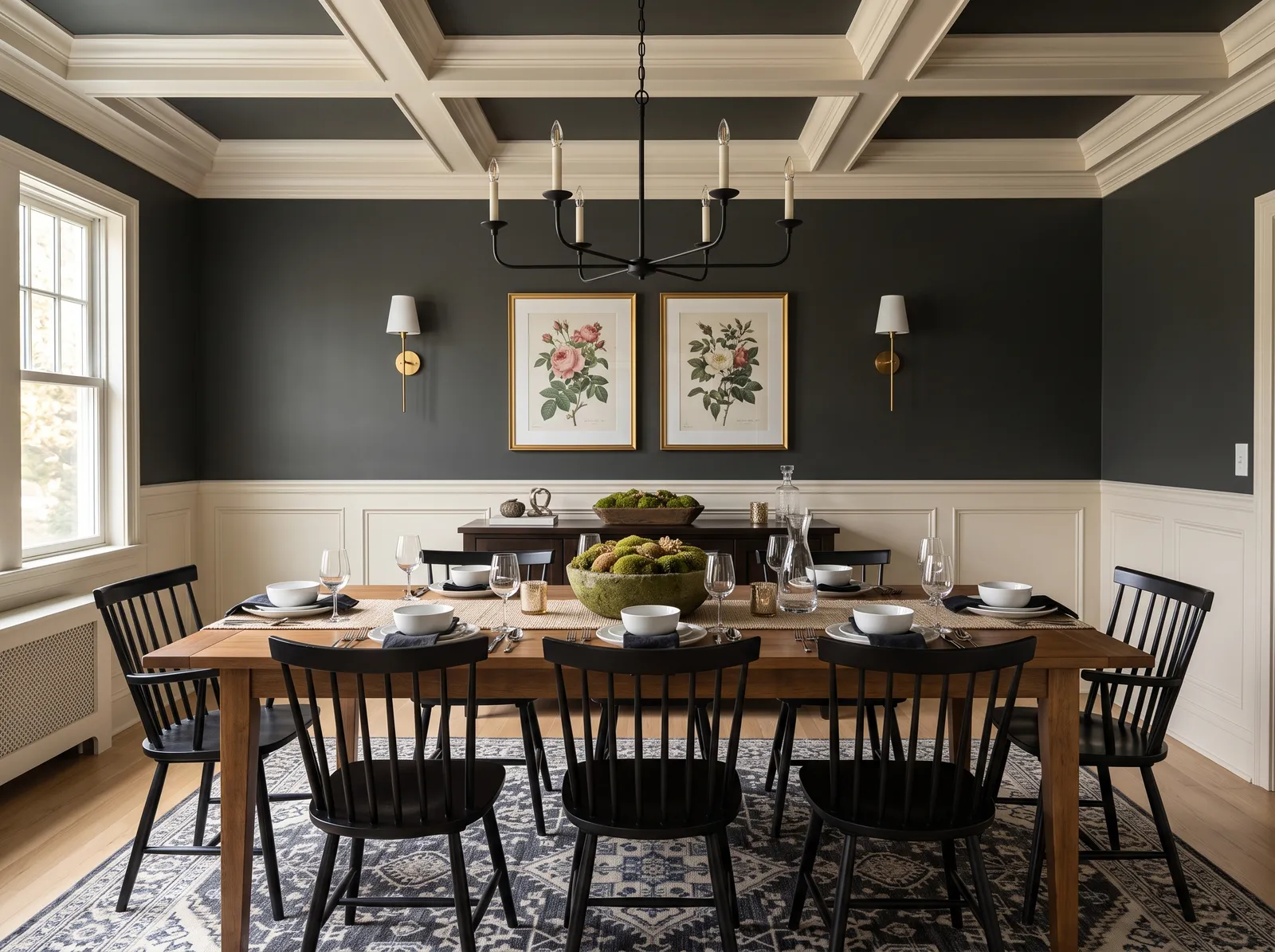 Dining Room painted in Dark River — Charcoal And Cream Wainscot