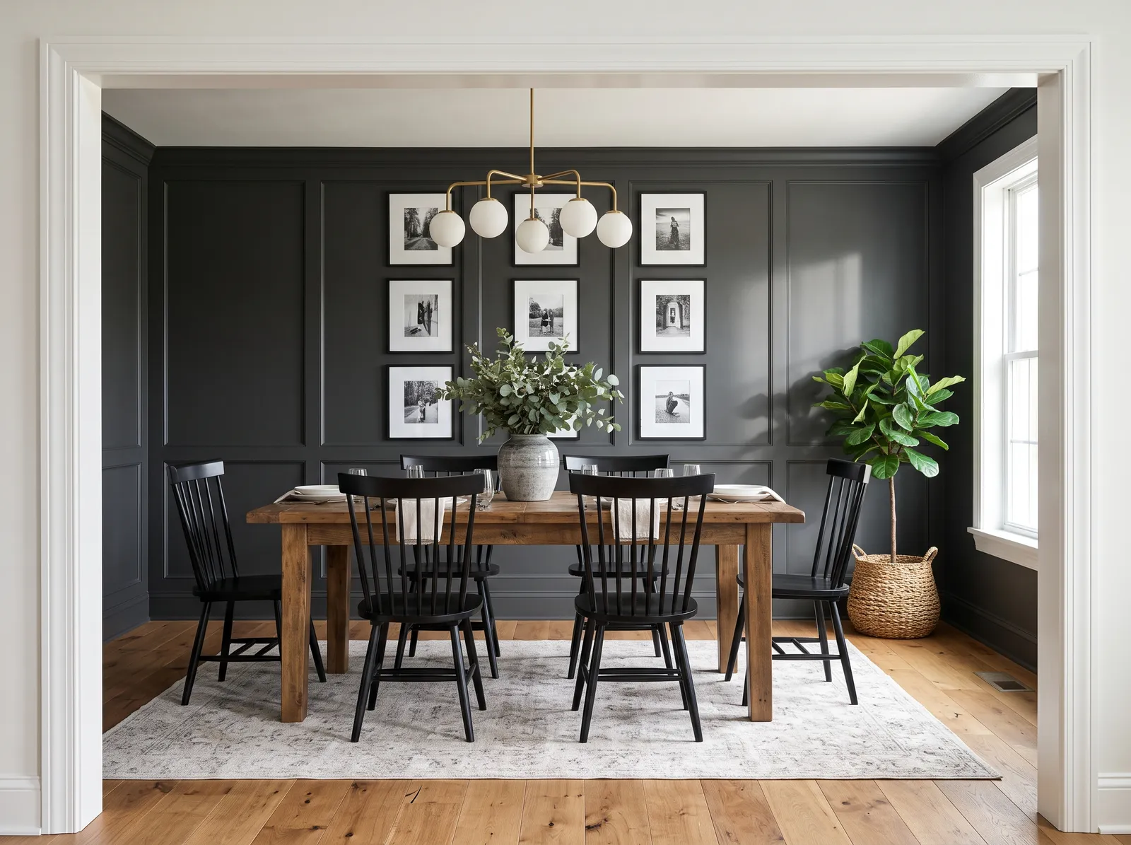 Dining Room painted in Chimney Smoke — Black Satin Panels