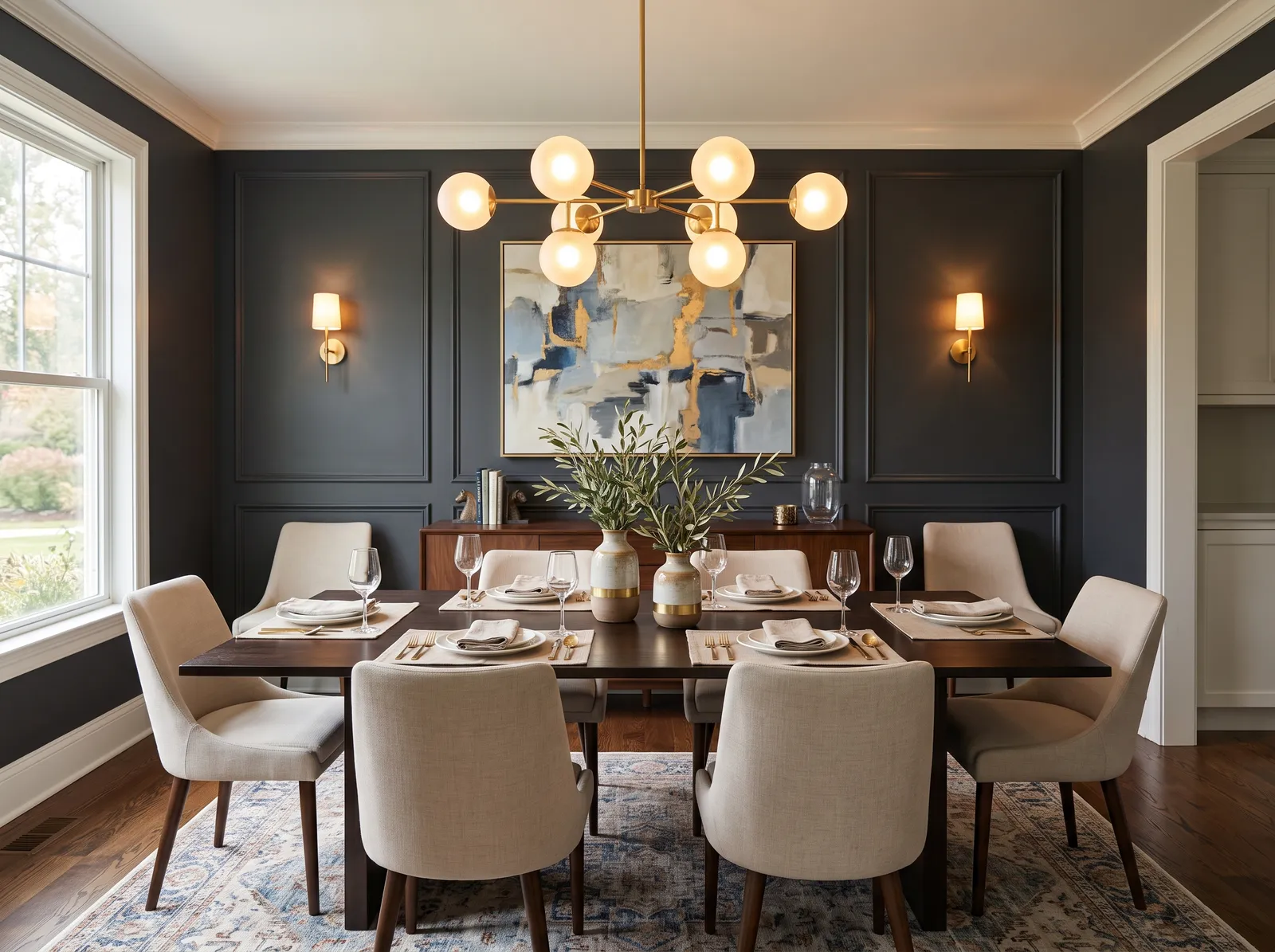 Dining Room painted in Arches — Midnight Panels And Brass