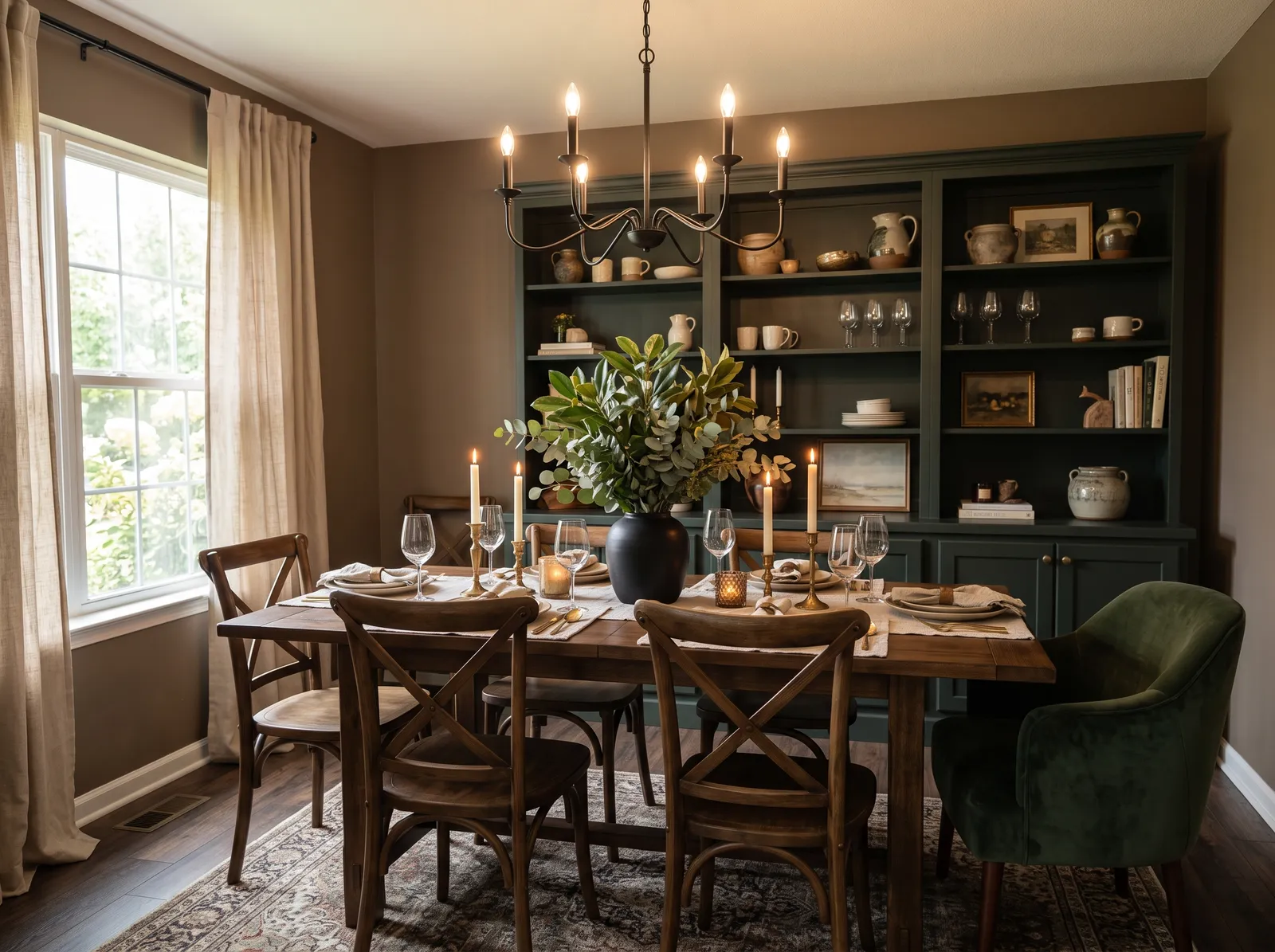 Dining Room painted in Kaffee — Taupe And Forest Hutch