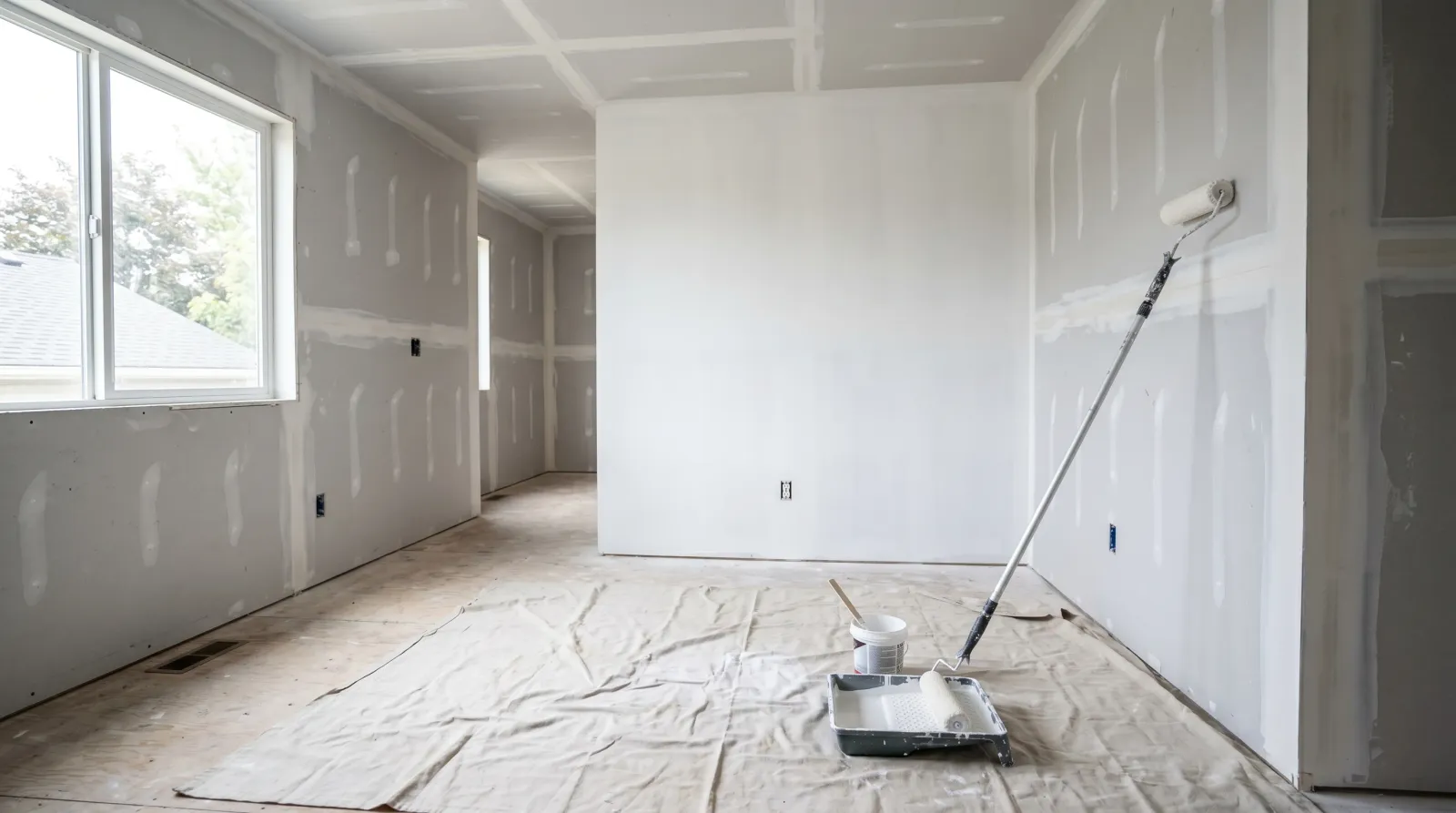 Newly taped drywall room with one wall primed white and the others still bare board