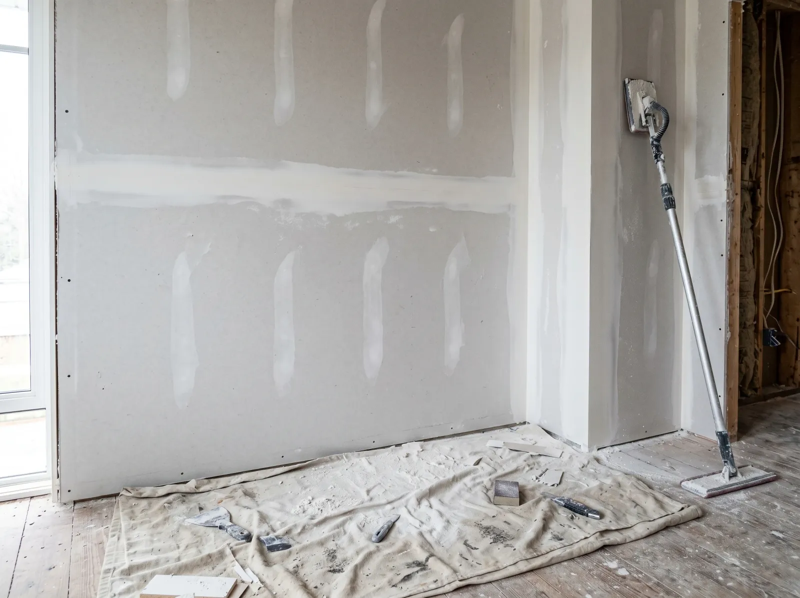 Taped drywall wall sanded smooth with sanding dust on the drop cloth below