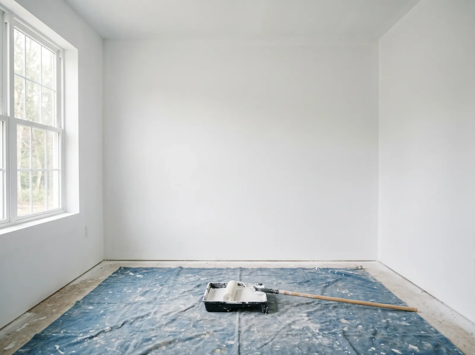 Drywall room after a full coat of white PVA primer, joints no longer visible