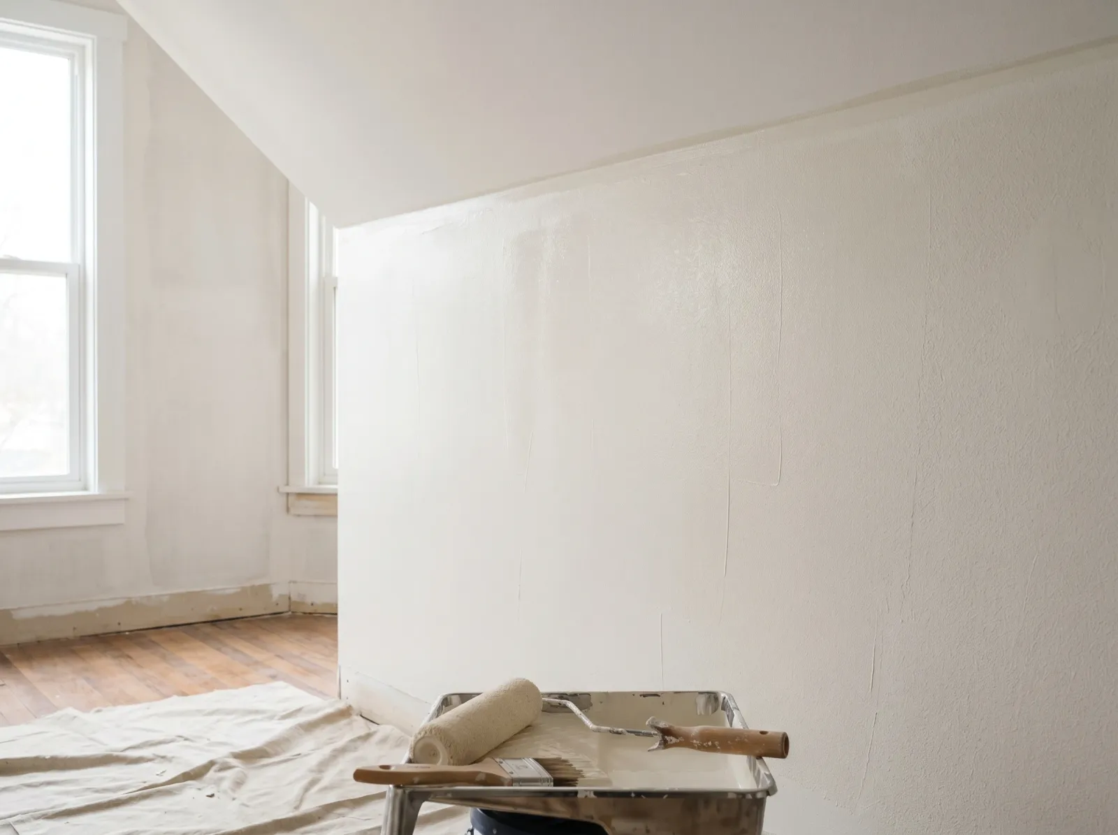 Primed drywall room with a first finish coat of wall paint drying