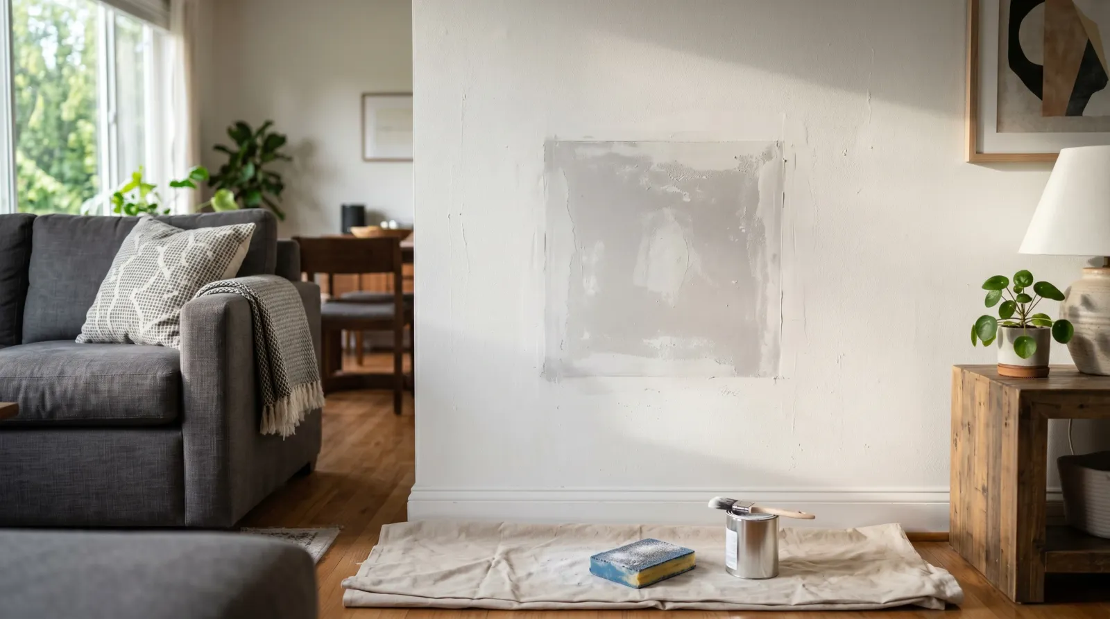 Living-room wall with a sanded drywall patch ready for priming, raking daylight showing the repair