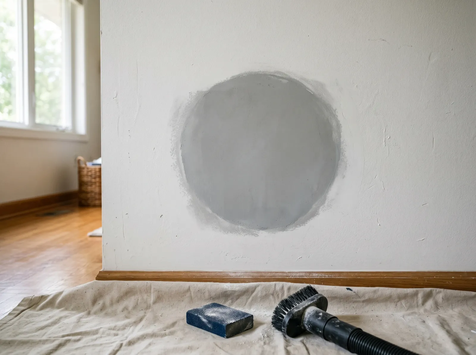 Drywall patch sanded flush and feathered into the surrounding white wall