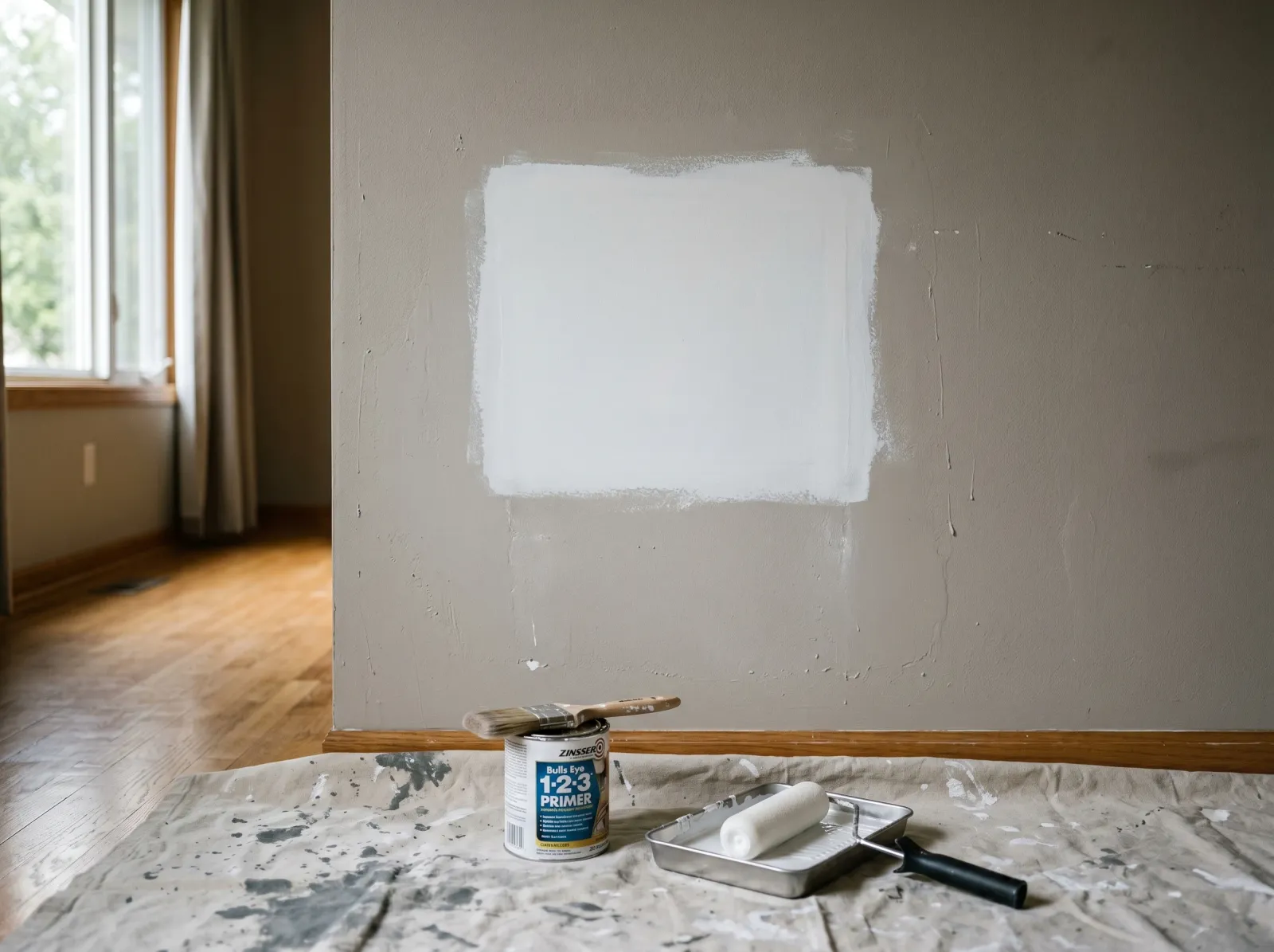 Drywall patch coated with white primer, sealed flat against the wall