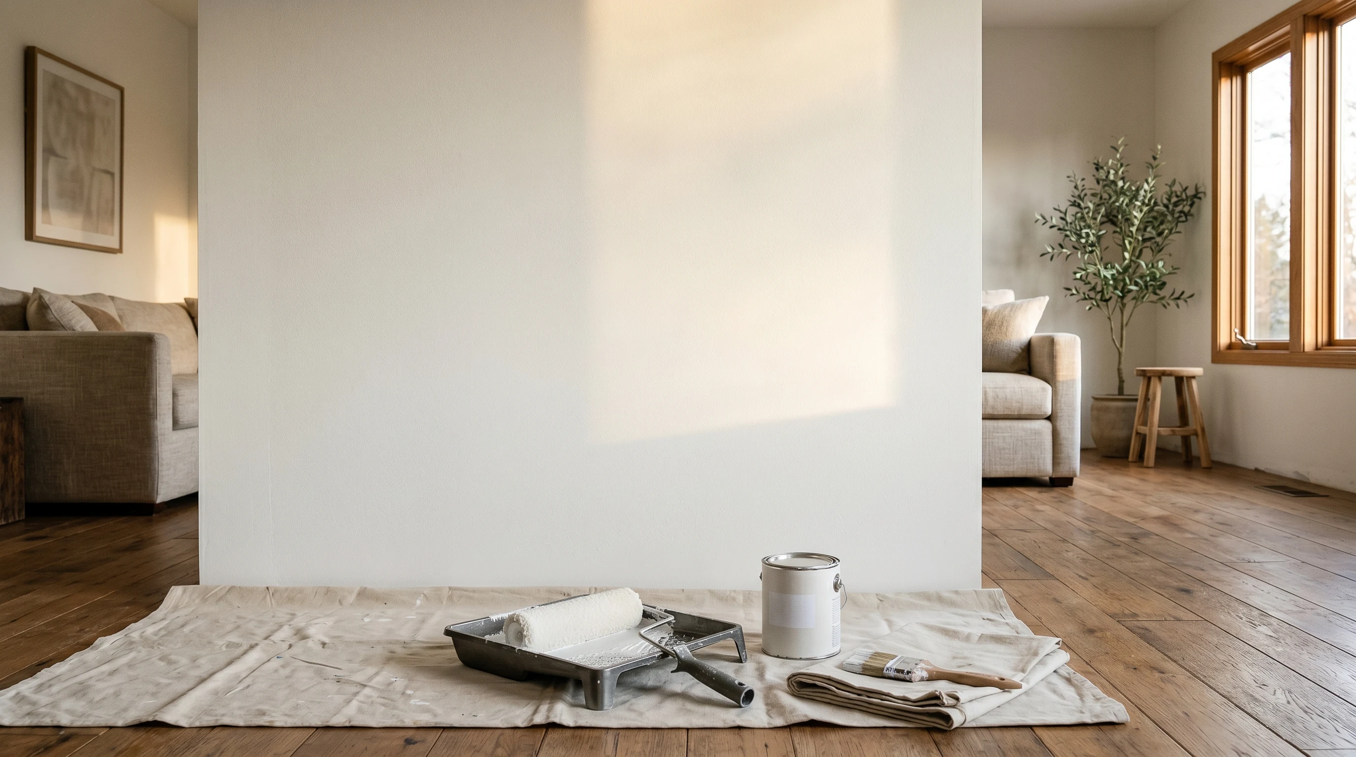 Freshly painted matte-white drywall wall in raking afternoon light