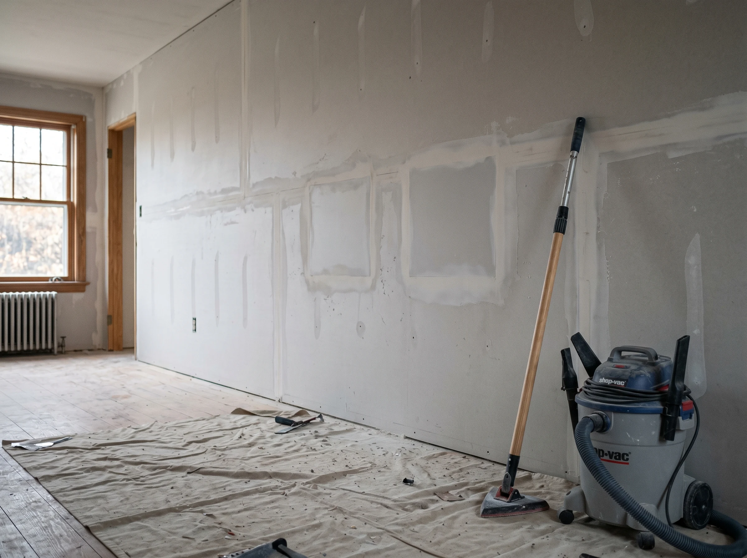 Drywall wall with vacuumed dust and visible spot patches before primer