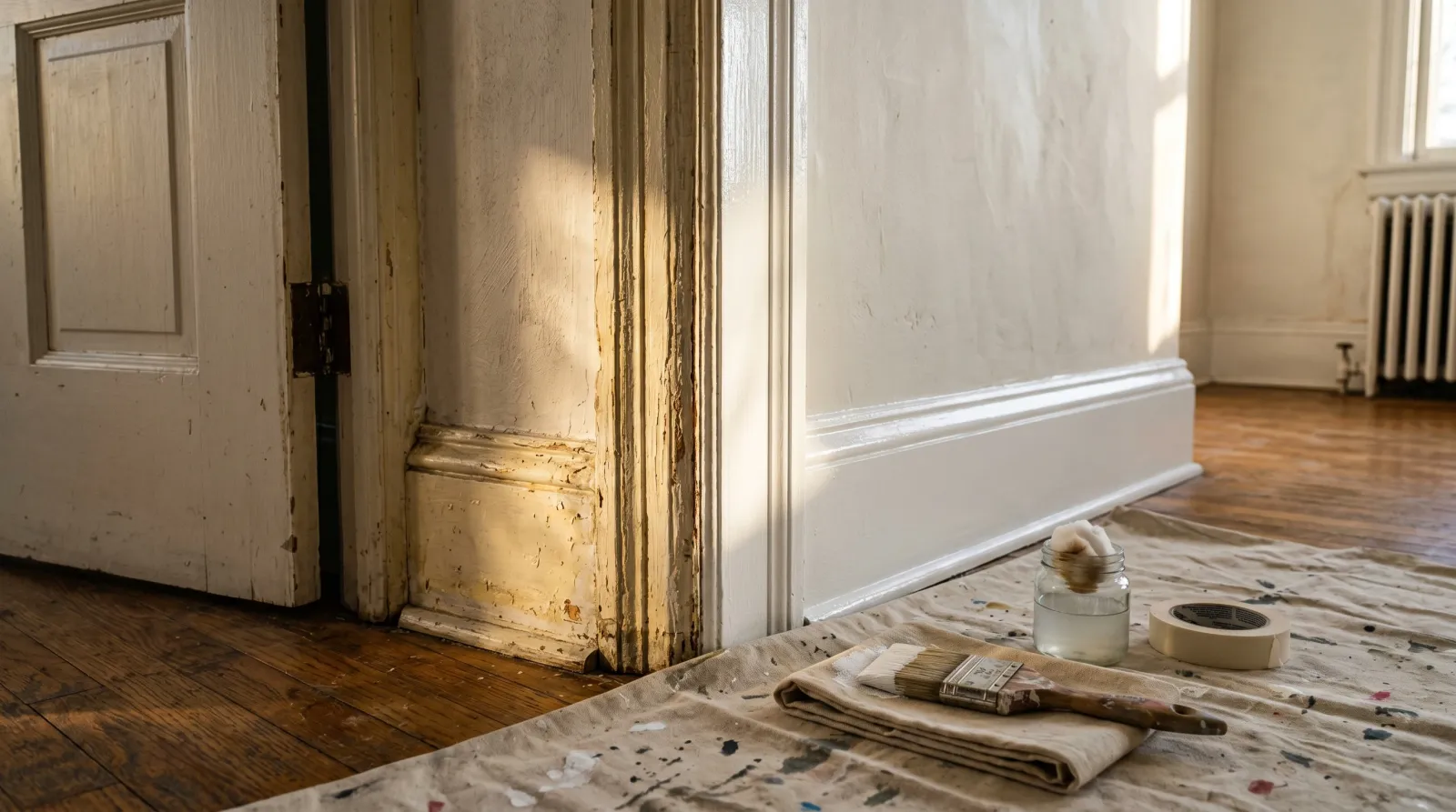 Painting over existing painted wood — old yellowed trim half-recoated in fresh white, daylight raking