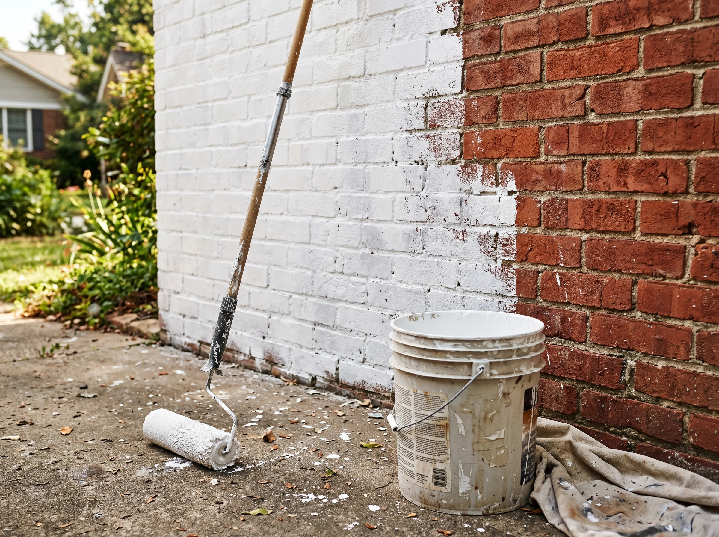 Exterior brick wall partially coated in white masonry primer with roller and bucket