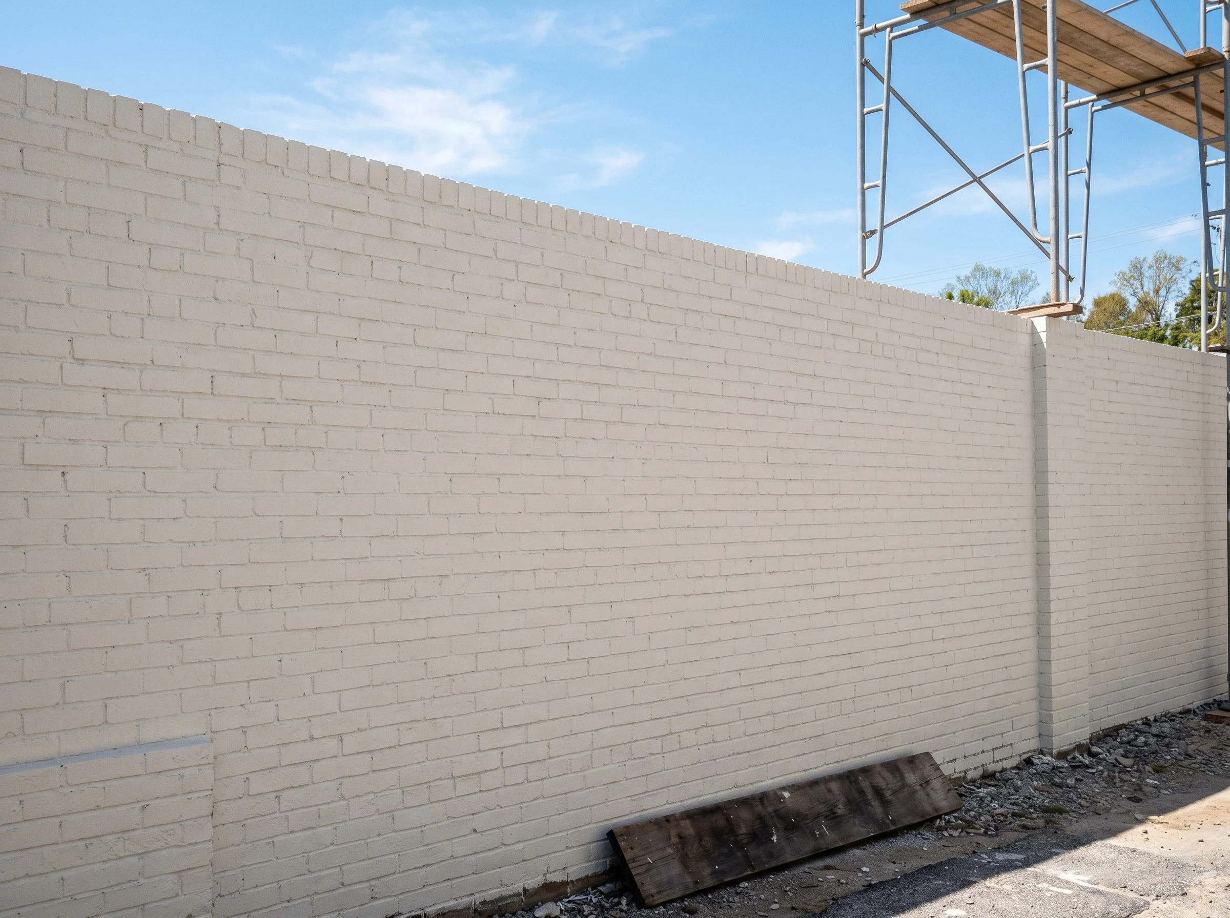 Finished exterior brick wall painted soft white with mortar joints still visible as texture