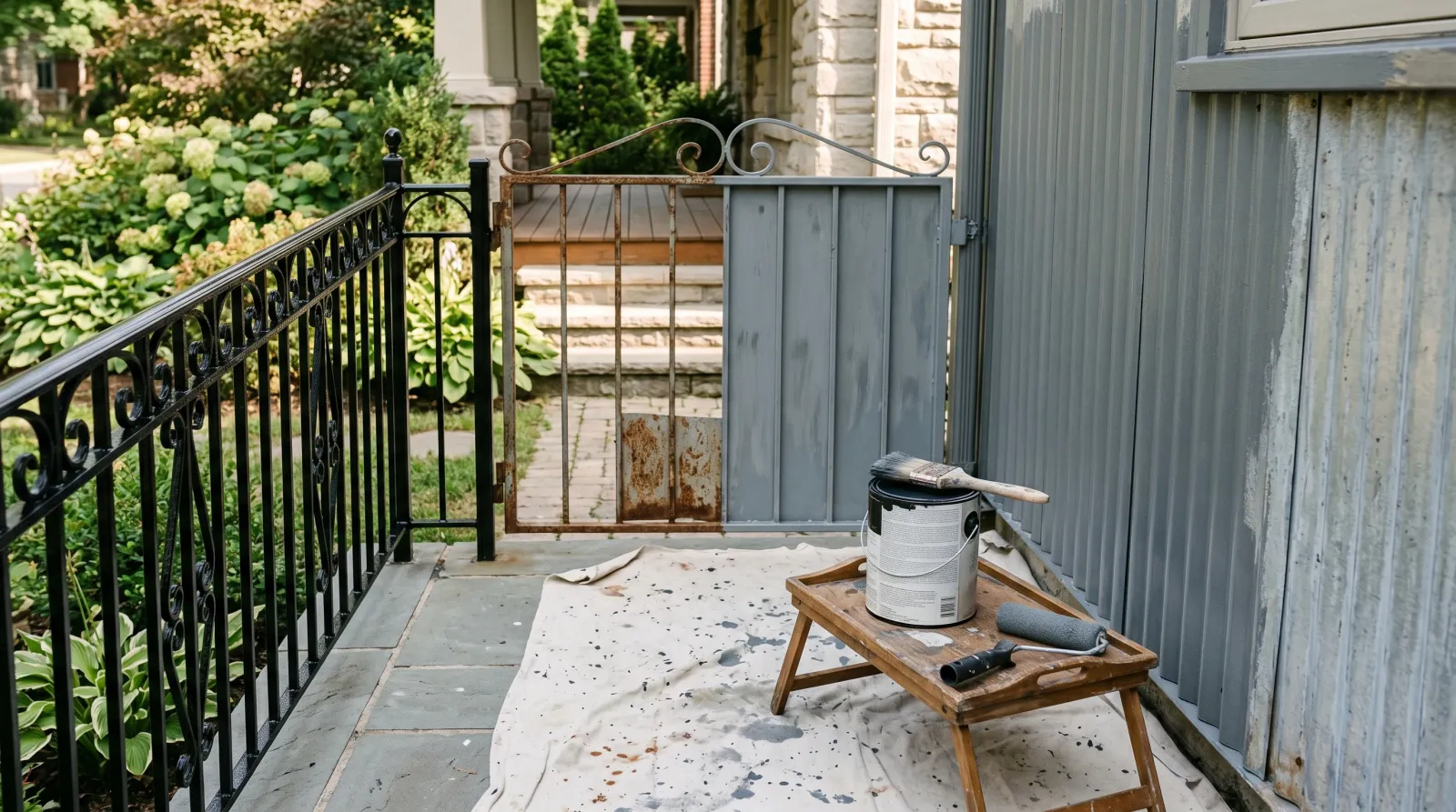 Exterior residential scene mid-paint with a wrought-iron railing, steel gate, and corrugated metal siding at three stages of rust removal, priming, and topcoat