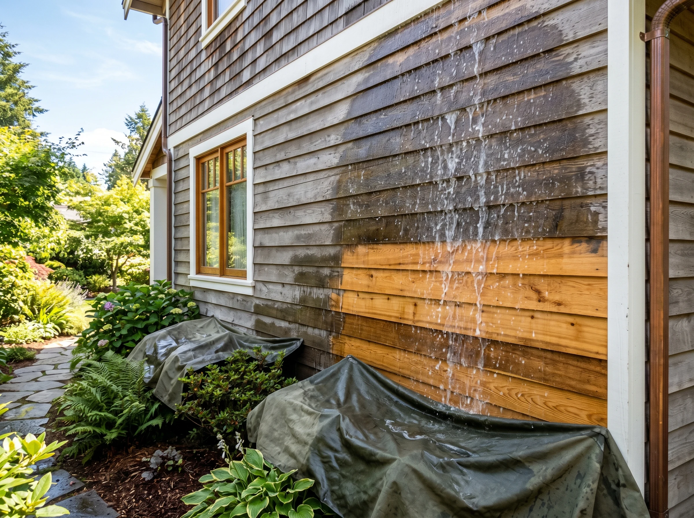 Exterior cedar lap-siding wall being soft-washed with water sheeting down