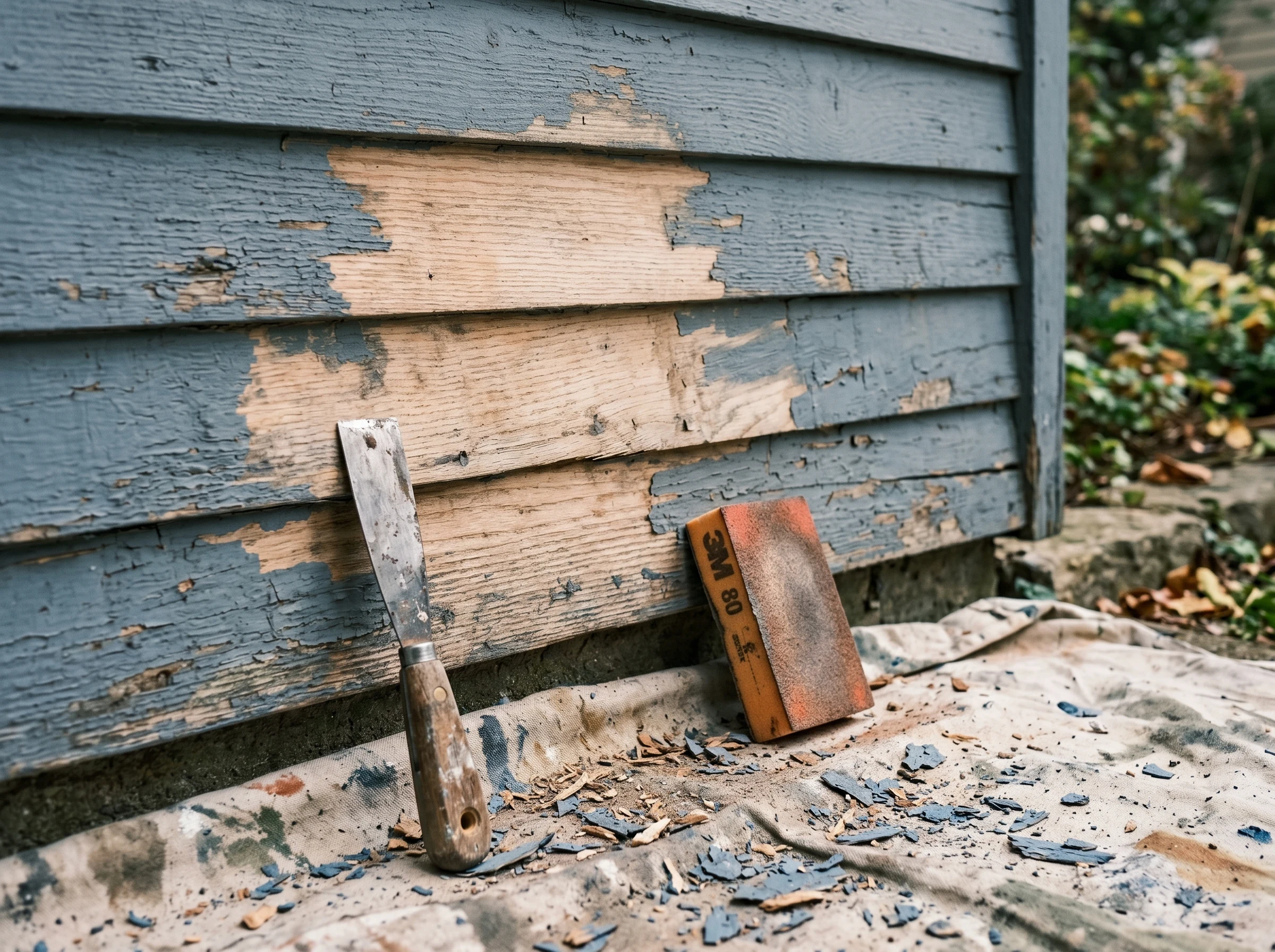 Exterior wood siding scraped to bare wood and feathered flat with surrounding paint