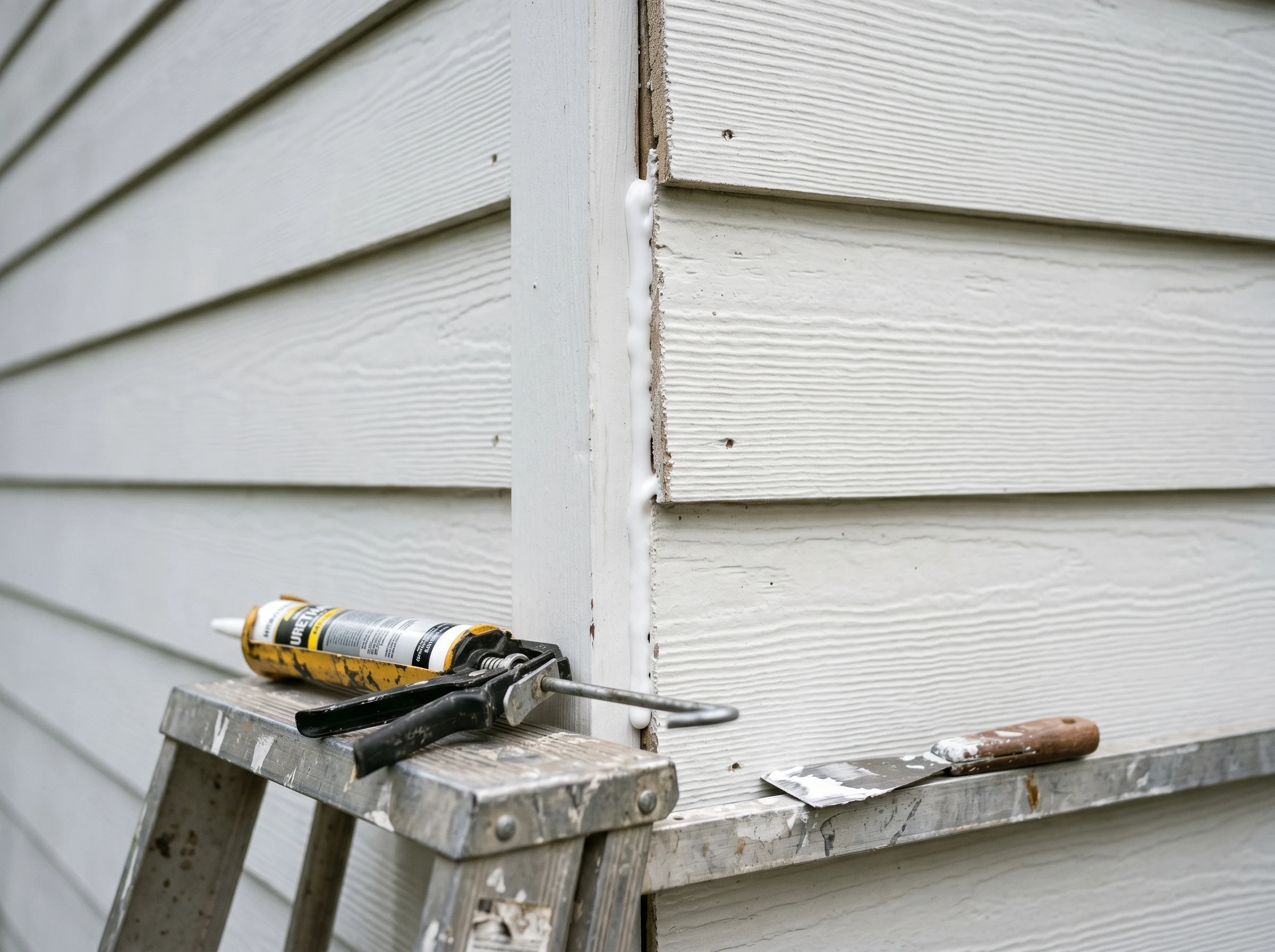 Fiber cement siding corner trim seam freshly caulked with urethane sealant