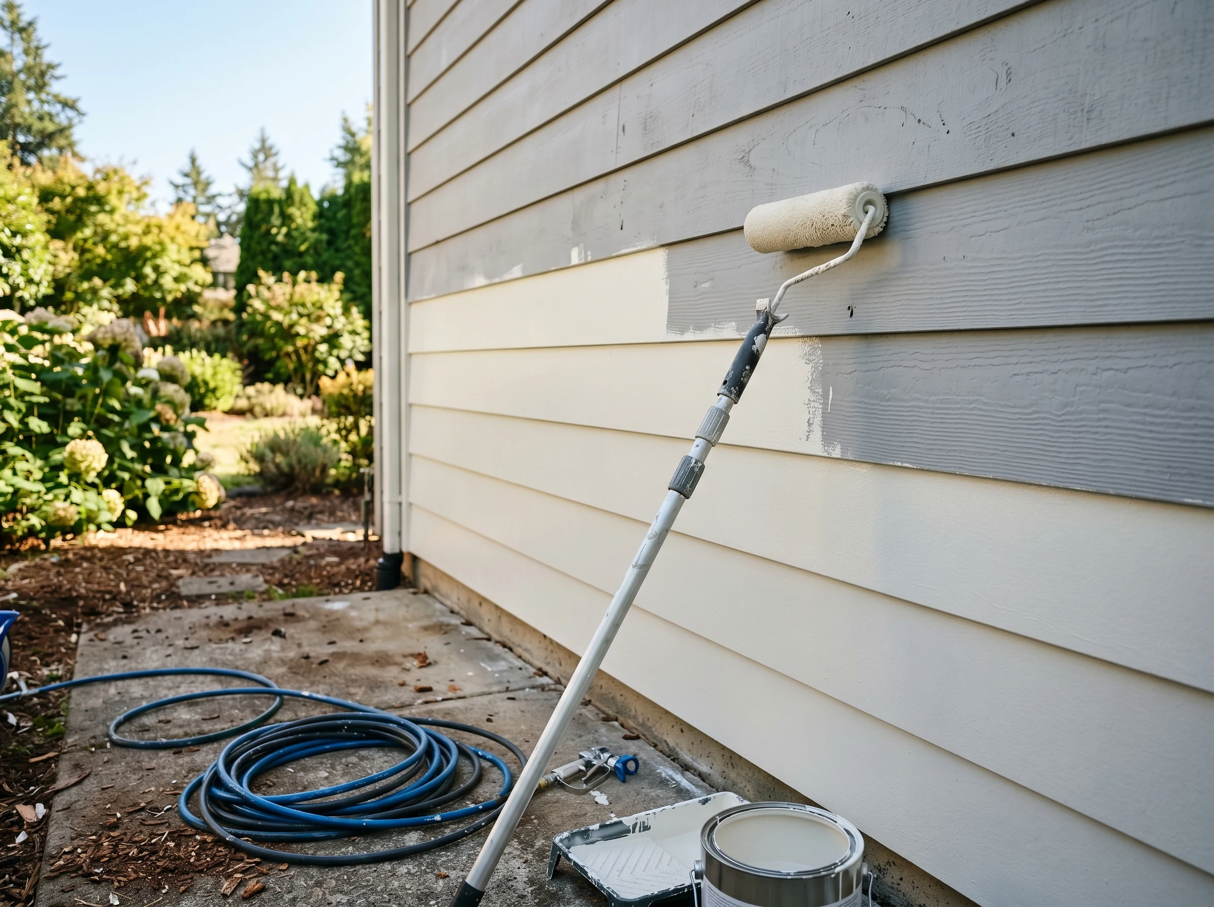 Fiber cement siding mid-coat with the lower half painted soft white and the upper half still factory-primed grey