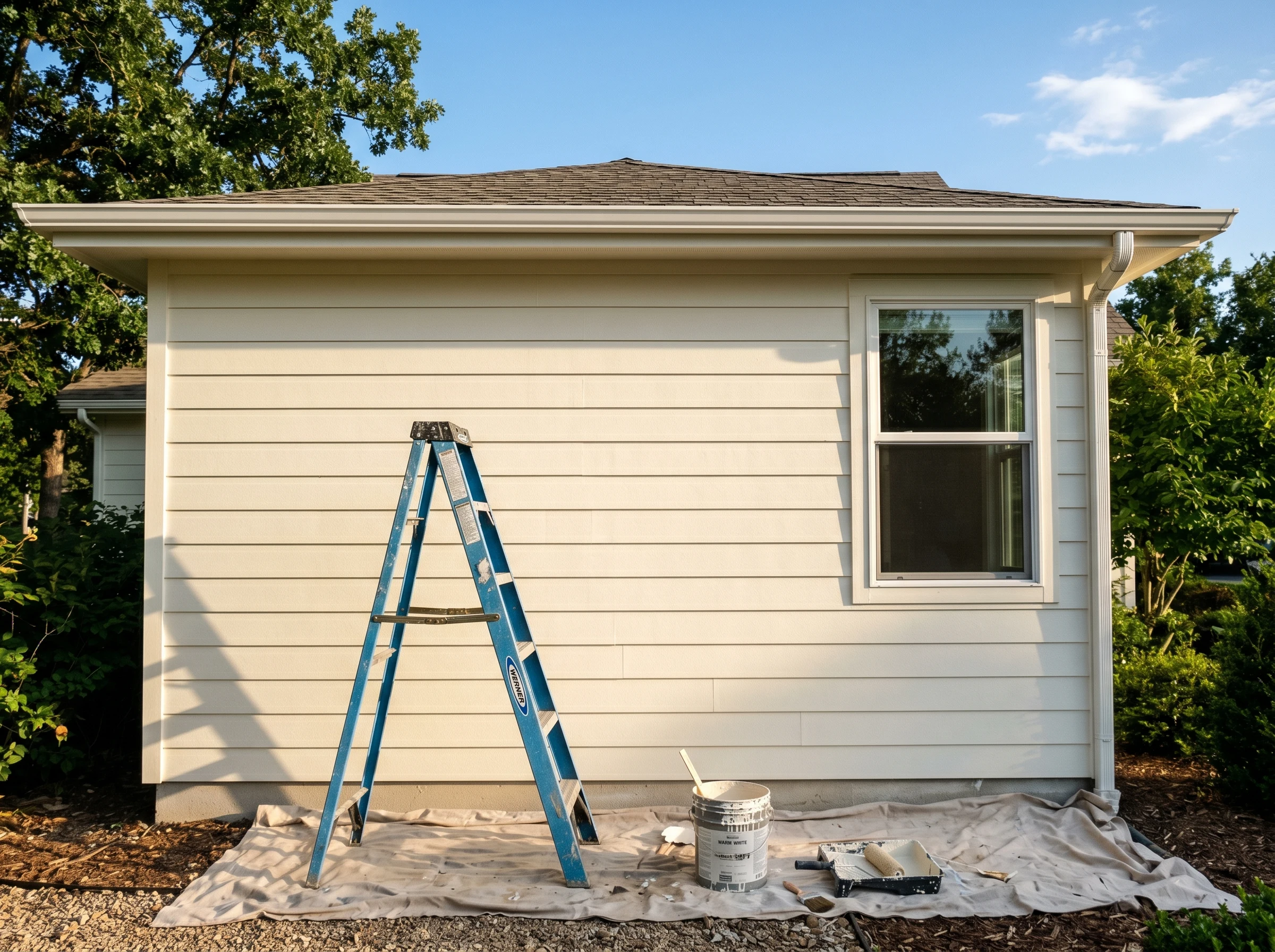 Finished fiber cement HardiePlank wall painted soft warm white with crisp board lines