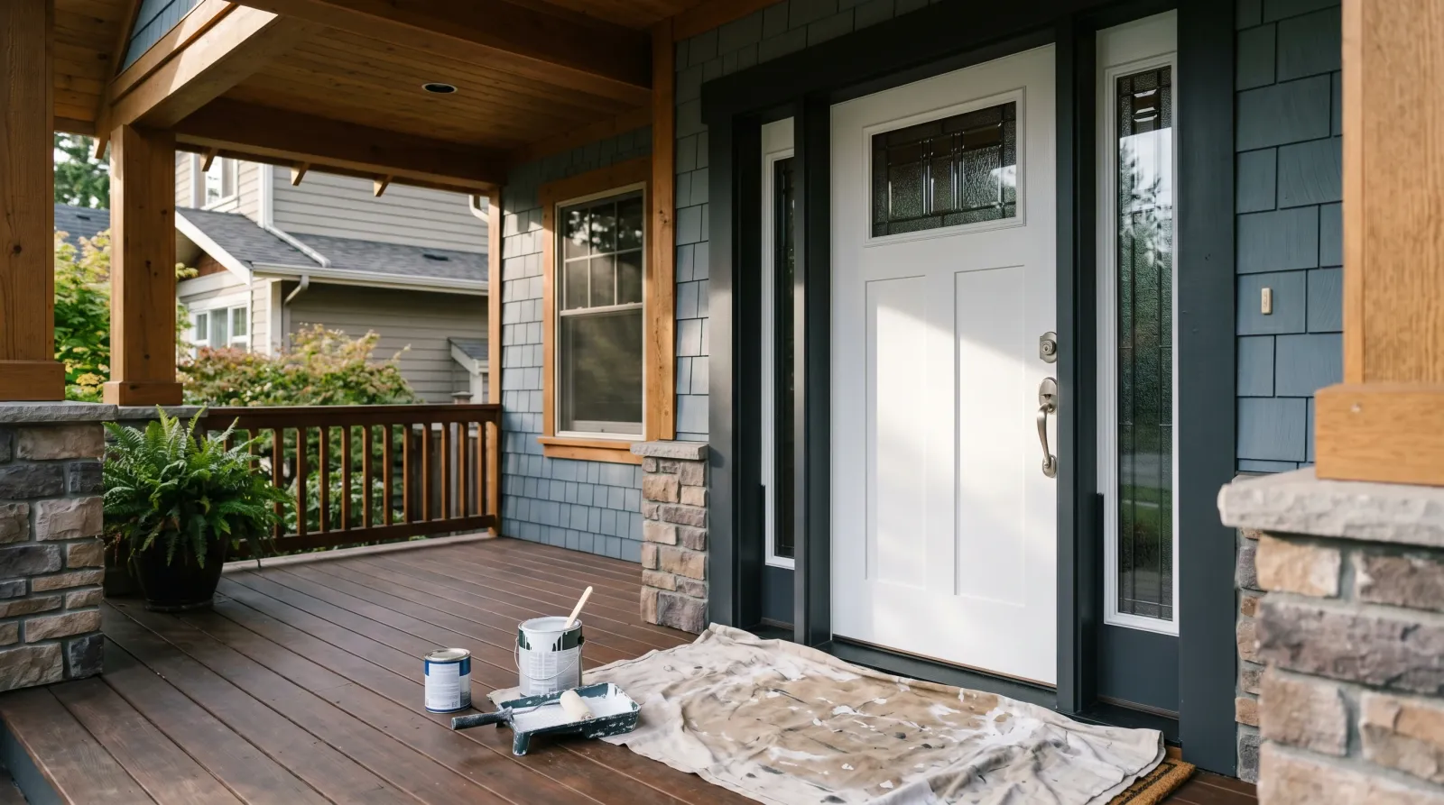 Freshly painted white fiberglass entry door on a craftsman porch with primer can and small foam roller resting on a drop cloth