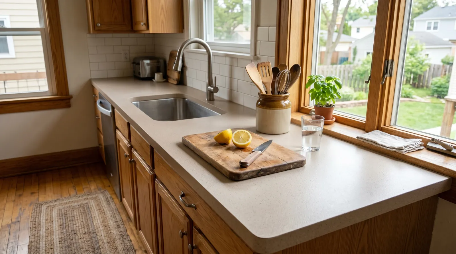 Repainted laminate kitchen counter in a sunlit kitchen with stainless sink and brushed nickel faucet