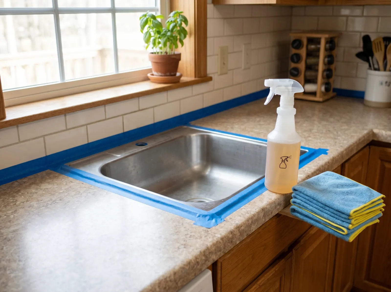 Laminate kitchen counter degreased and masked off with painter's tape around the sink and backsplash