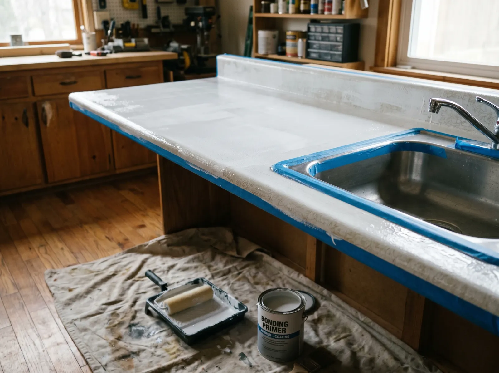 Laminate counter primed with a single thin coat of white bonding primer, foam roller and quart can nearby