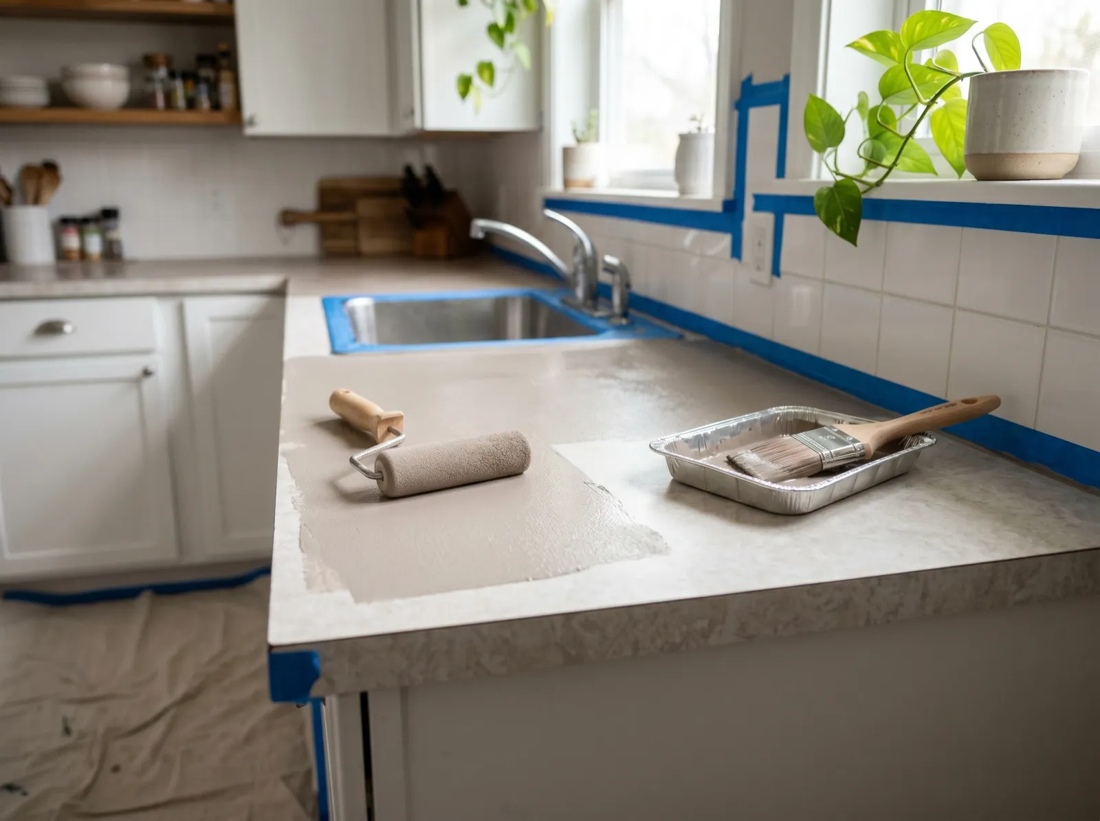 Laminate counter mid-topcoat with a foam roller laying down a warm stone color and brush for cut-ins