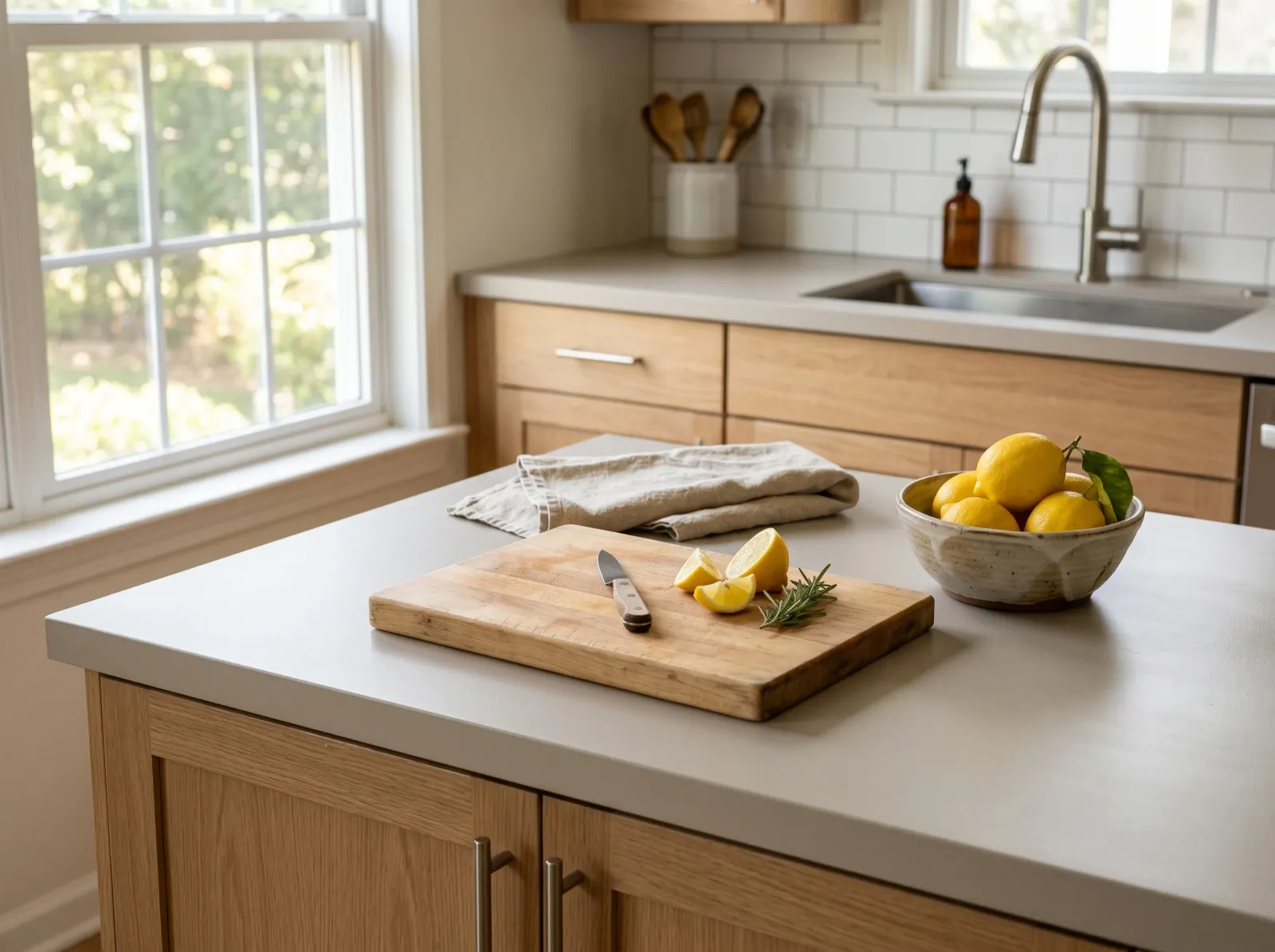 Fully cured painted laminate kitchen counter at day thirty with cutting board, lemons in a bowl, and a folded towel