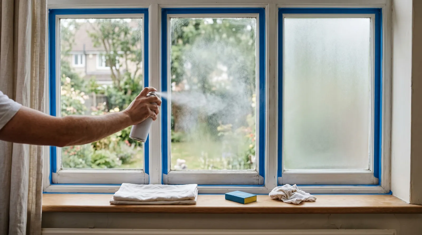 Three-pane interior window mid-paint, center pane being misted with frosted glass aerosol while left pane is clear and right pane is fully frosted, painter's tape on the wooden frame