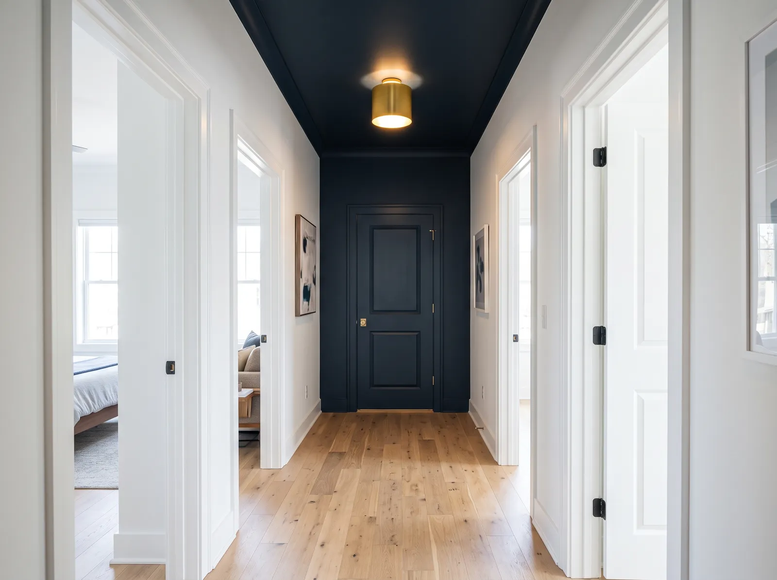 Hallway painted in Architectural White — Bright White, Navy Drama