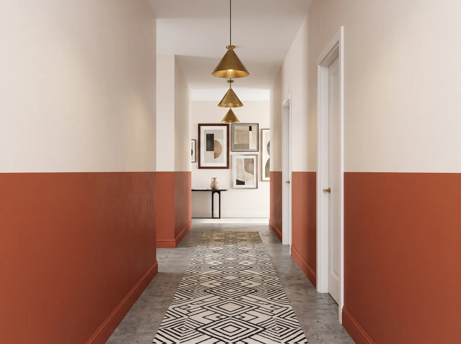 Hallway painted in Sun's Rage — Terracotta Two-Tone