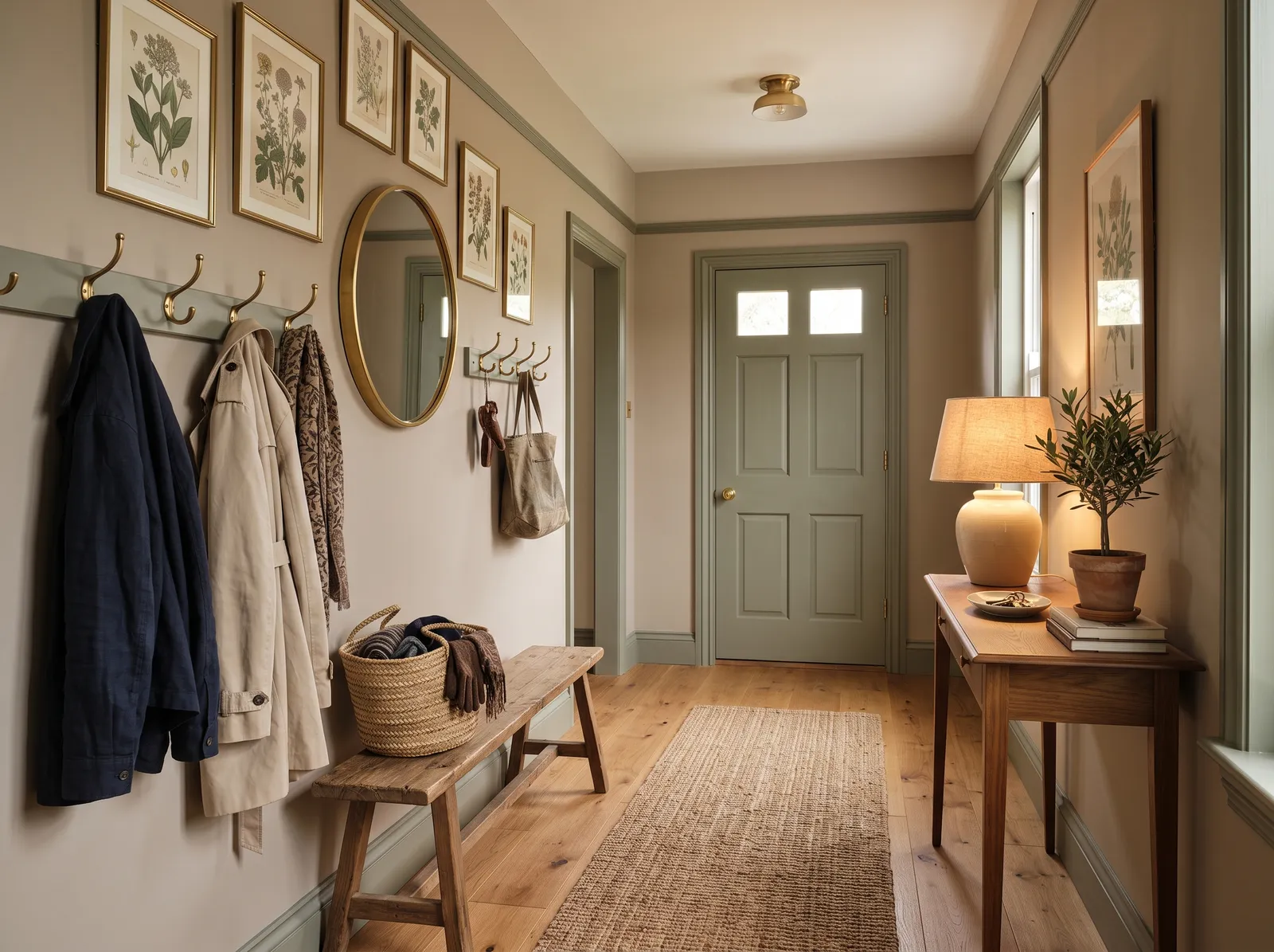 Hallway painted in Castle Rock — Taupe Meets Sage