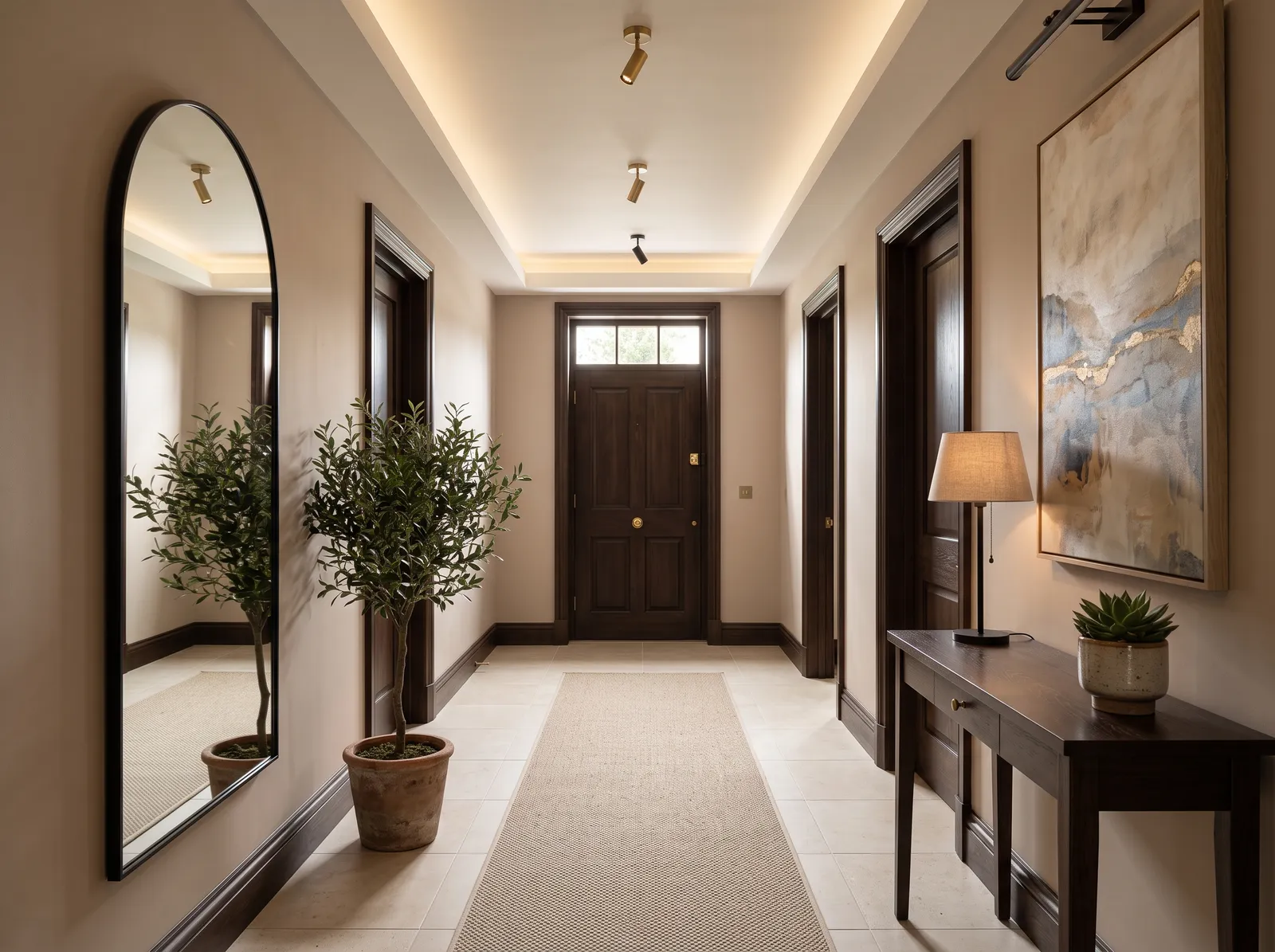 Hallway painted in Pavilion Beige — Sandy Plaster Warmth